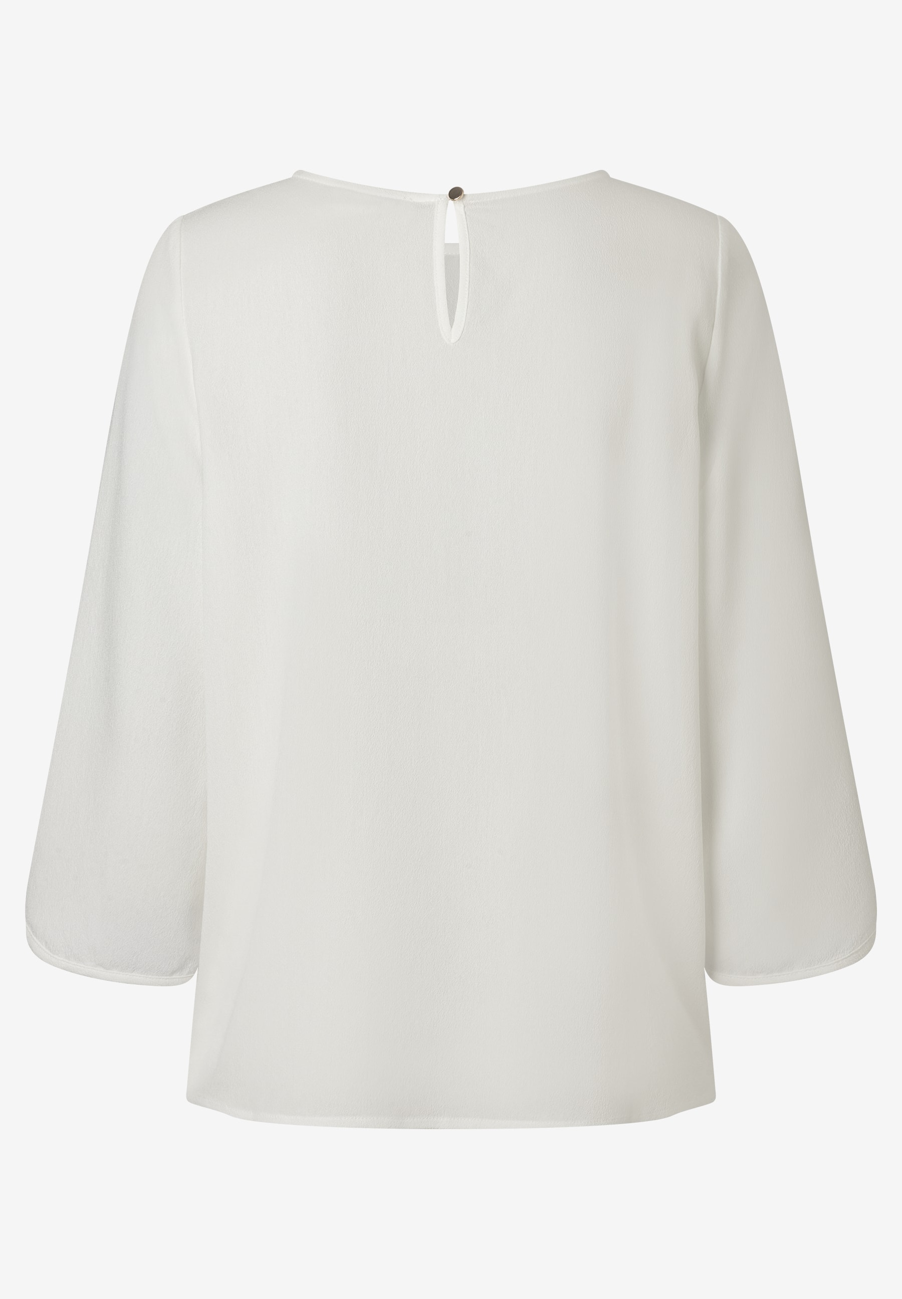 Rückansicht einer weißen MORE & MORE Bluse mit dreiviertellangen Ärmeln. Rückansicht einer weißen MORE & MORE Bluse mit dreiviertellangen Ärmeln.