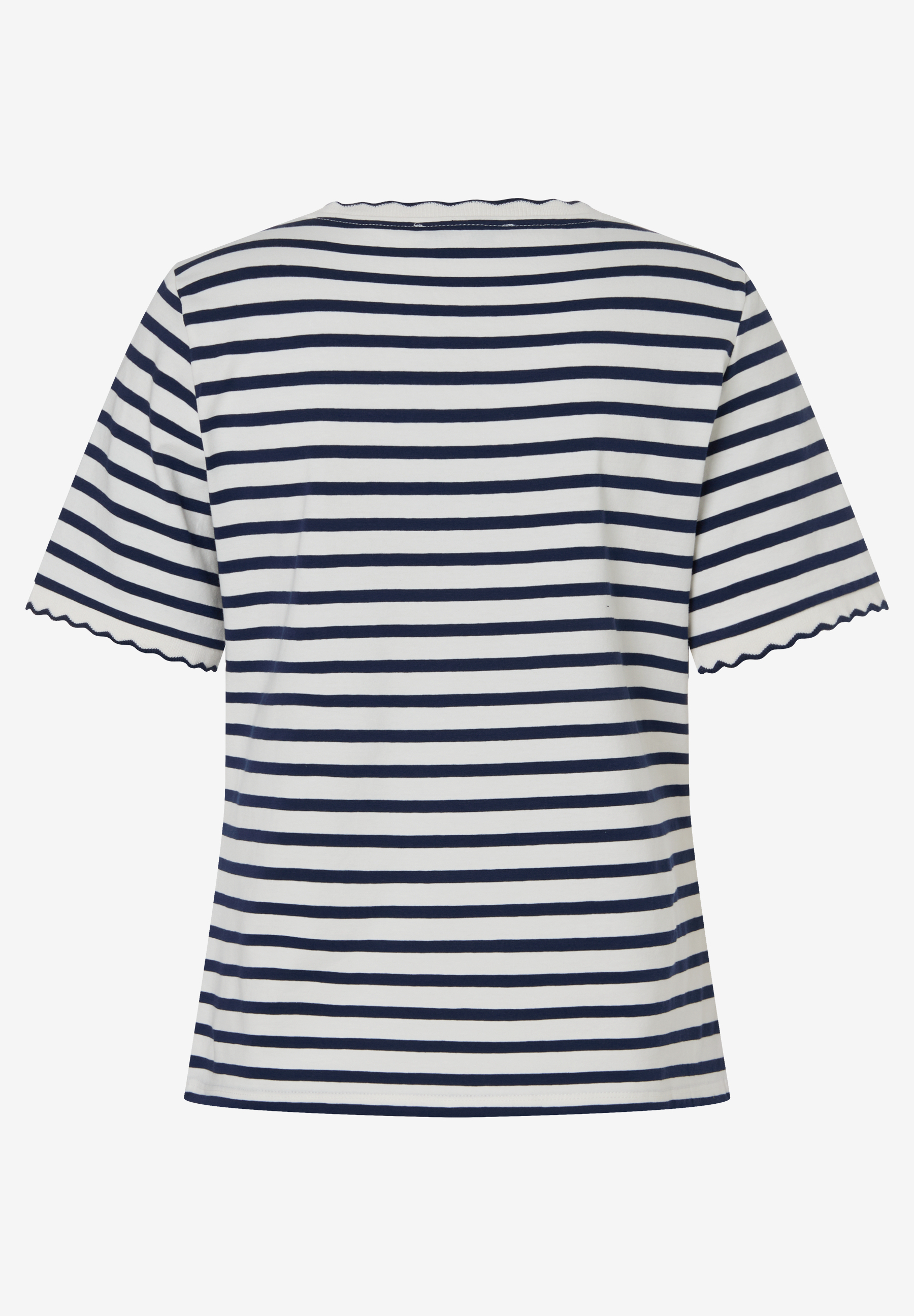 Ein MORE & MORE T-Shirt mit blau-weißen Streifen und gewellten Säumen. Ein MORE & MORE T-Shirt mit blau-weißen Streifen und gewellten Säumen.