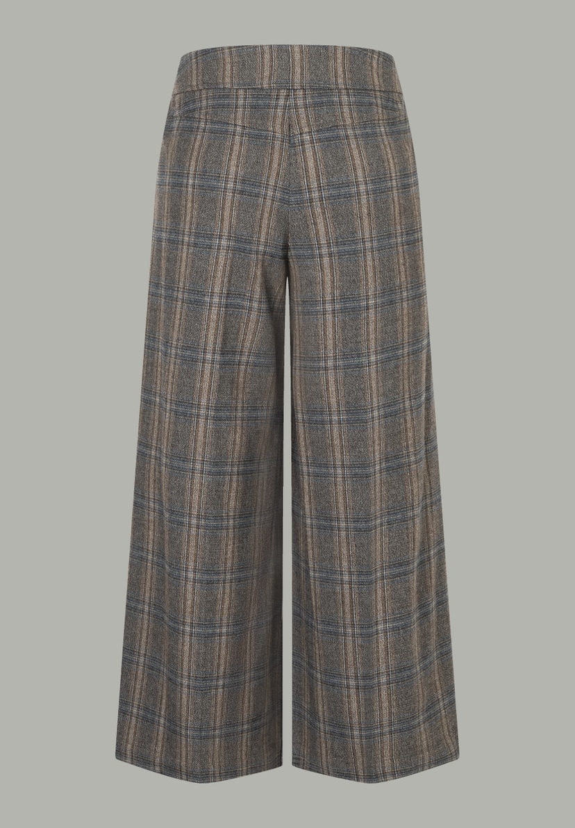 MORE & MORE Hose/Jeans mit braun-blauem Karomuster, weitem Bein und hohem Bund. Rückansicht. MORE & MORE Hose/Jeans mit braun-blauem Karomuster, weitem Bein und hohem Bund. Rückansicht.