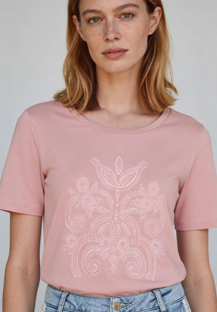 Nahaufnahme eines MORE & MORE Oberteils, Jersey, mit hellrosa Stickerei auf rosafarbenem Grund. Nahaufnahme eines MORE & MORE Oberteils, Jersey, mit hellrosa Stickerei auf rosafarbenem Grund.