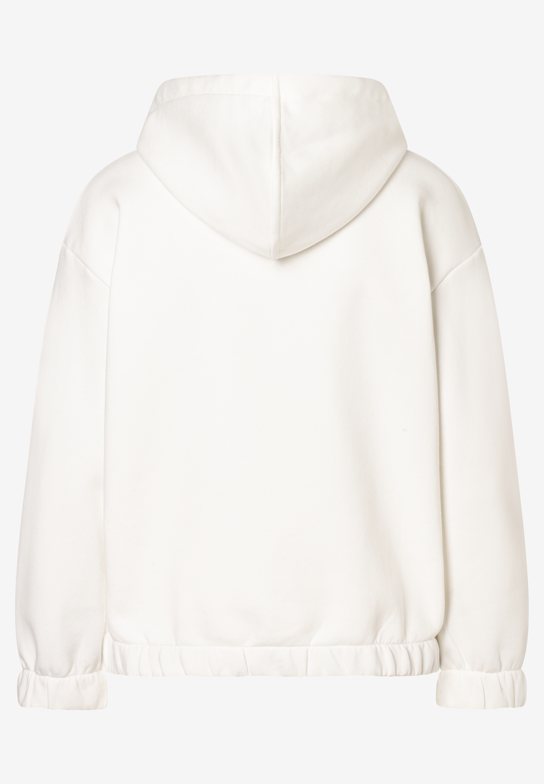 Rückenansicht des weißen MORE & MORE Sweatshirts mit Kapuze und elastischem Bund. Rückenansicht des weißen MORE & MORE Sweatshirts mit Kapuze und elastischem Bund.