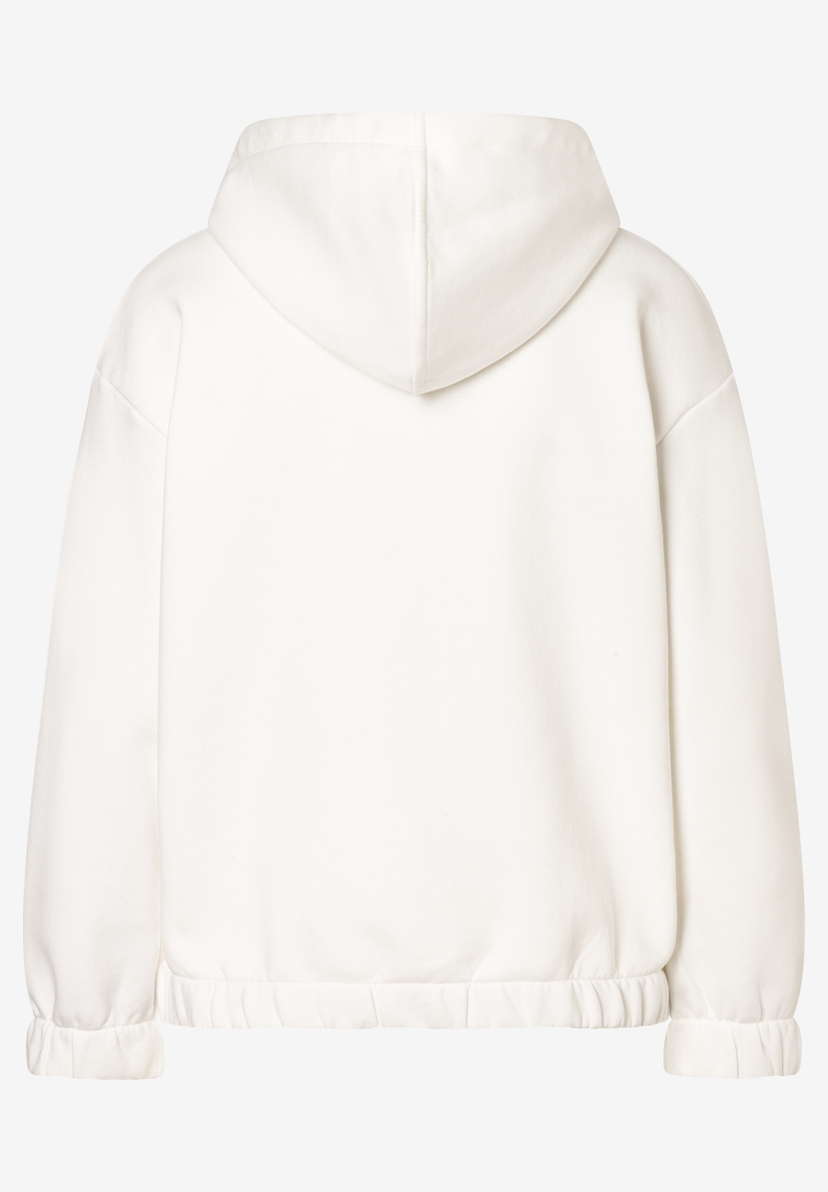 Rückenansicht des weißen MORE & MORE Sweatshirts mit Kapuze und elastischem Bund. Rückenansicht des weißen MORE & MORE Sweatshirts mit Kapuze und elastischem Bund.