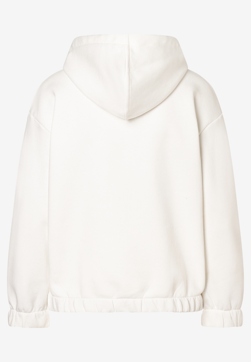 Rückenansicht des weißen MORE & MORE Sweatshirts mit Kapuze und elastischem Bund. Rückenansicht des weißen MORE & MORE Sweatshirts mit Kapuze und elastischem Bund.