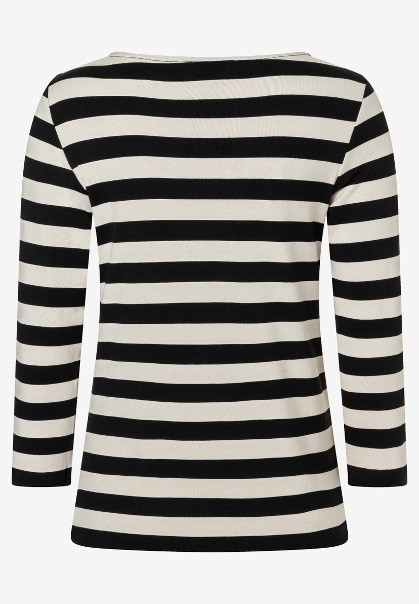 MORE & MORE T-Shirt mit 3/4-Ärmeln in Schwarz-Weiß gestreift, Rückseite. MORE & MORE T-Shirt mit 3/4-Ärmeln in Schwarz-Weiß gestreift, Rückseite.