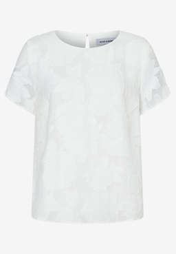 Eine weiße, kurzärmelige MORE & MORE Bluse mit einem floralen Muster auf weißem Hintergrund.