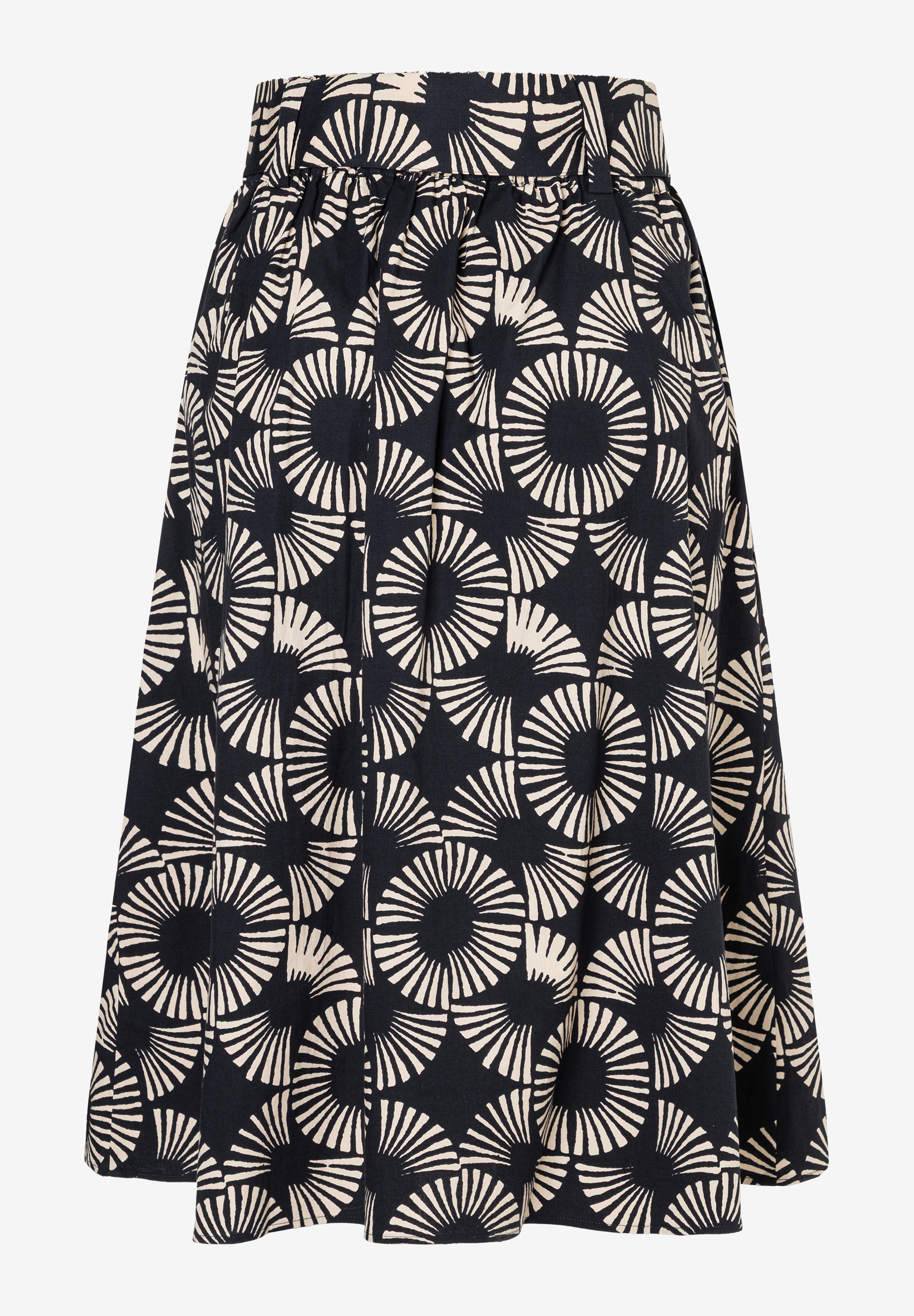 Ein MORE & MORE Rock mit schwarzem Grund und hellen, strahlenförmigen Mustern. Ein MORE & MORE Rock mit schwarzem Grund und hellen, strahlenförmigen Mustern.