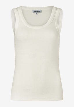 Ein geripptes, ärmelloses MORE & MORE Top in Cremeweiß mit Rundhalsausschnitt vor einem neutralen Hintergrund.