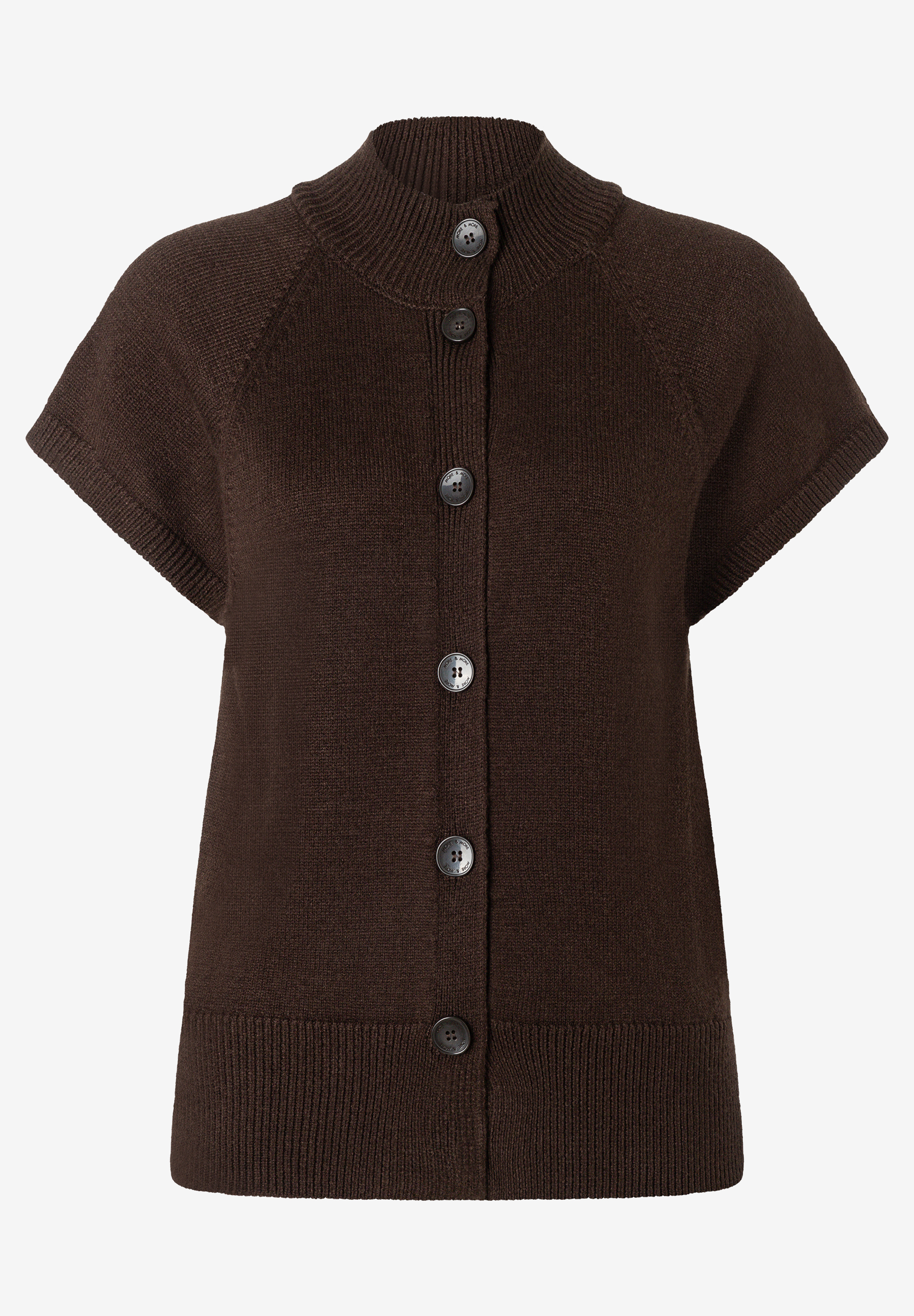 MORE & MORE Damen-Pullover aus braunem Strick mit kurzen Ärmeln und Knopfleiste. MORE & MORE Damen-Pullover aus braunem Strick mit kurzen Ärmeln und Knopfleiste.