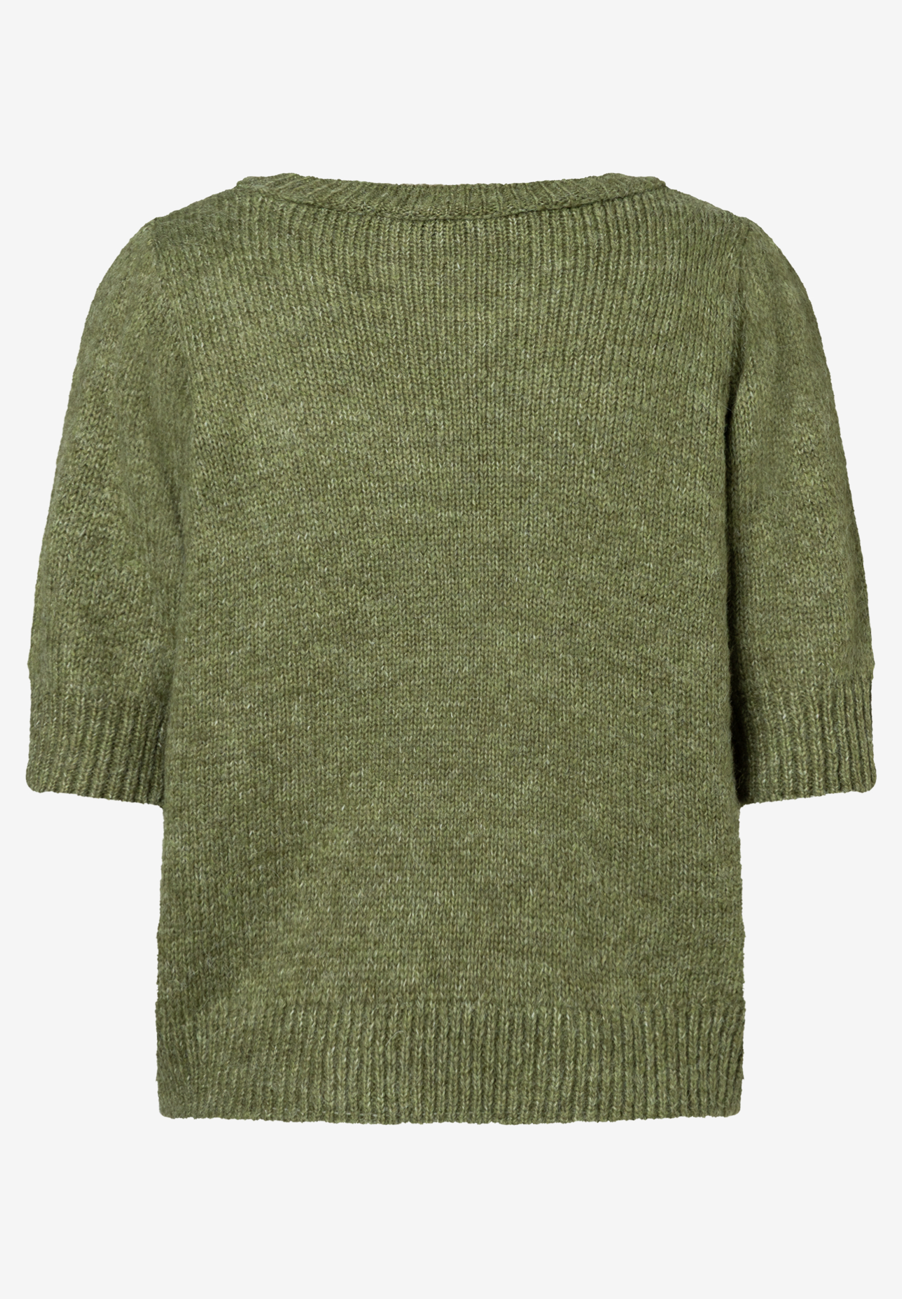 Ein olivgrüner Strickpullover von MORE & MORE mit kurzen Ärmeln. Ein olivgrüner Strickpullover von MORE & MORE mit kurzen Ärmeln.