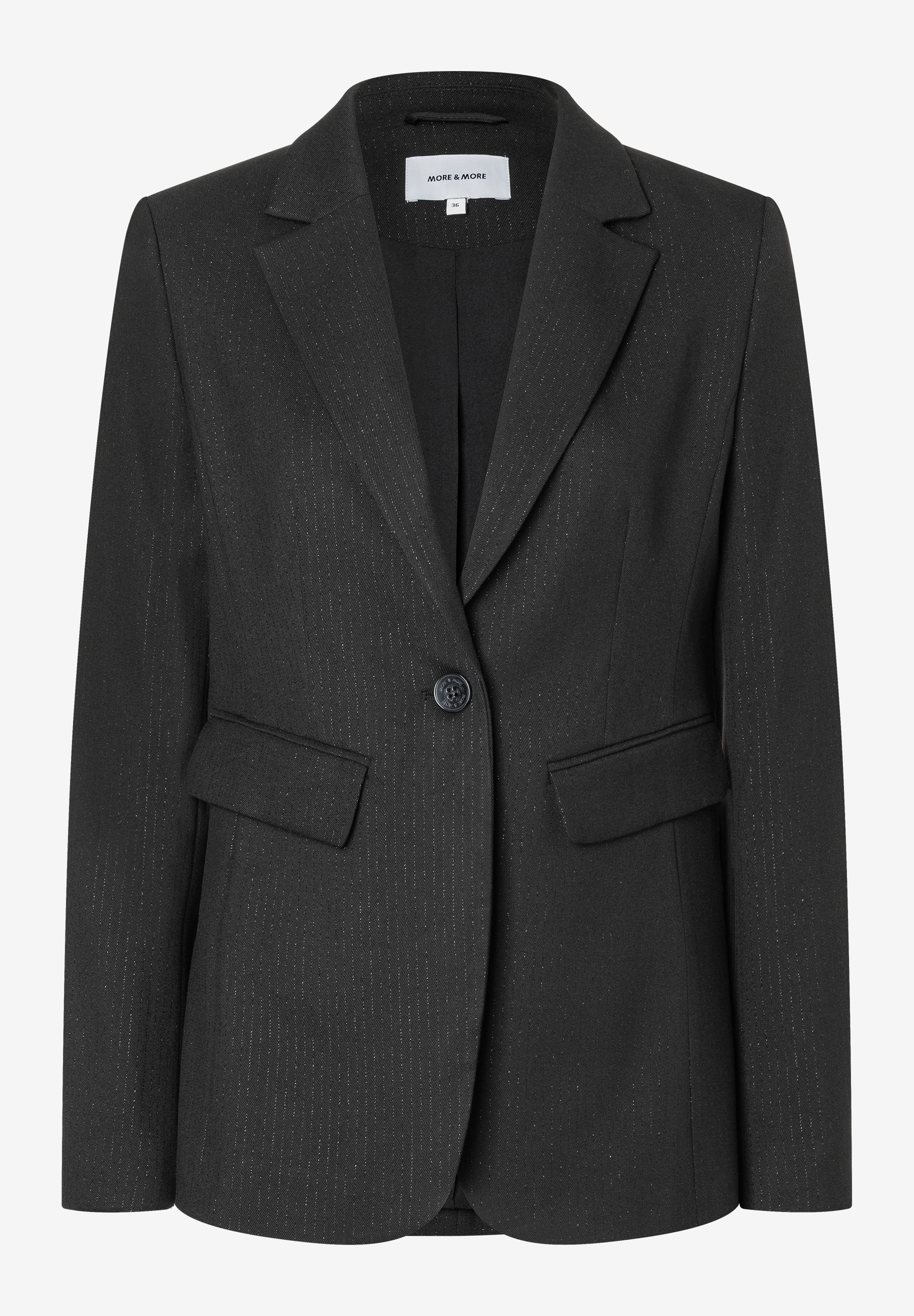 Einreihiger MORE & MORE Blazer in Schwarz mit feinen Nadelstreifen und Pattentaschen Einreihiger MORE & MORE Blazer in Schwarz mit feinen Nadelstreifen und Pattentaschen
