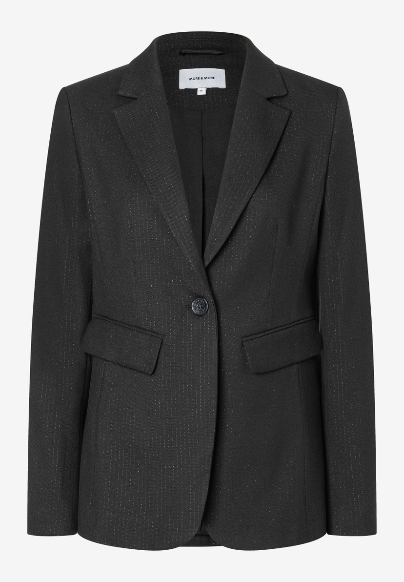 Einreihiger MORE & MORE Blazer in Schwarz mit feinen Nadelstreifen und Pattentaschen Einreihiger MORE & MORE Blazer in Schwarz mit feinen Nadelstreifen und Pattentaschen