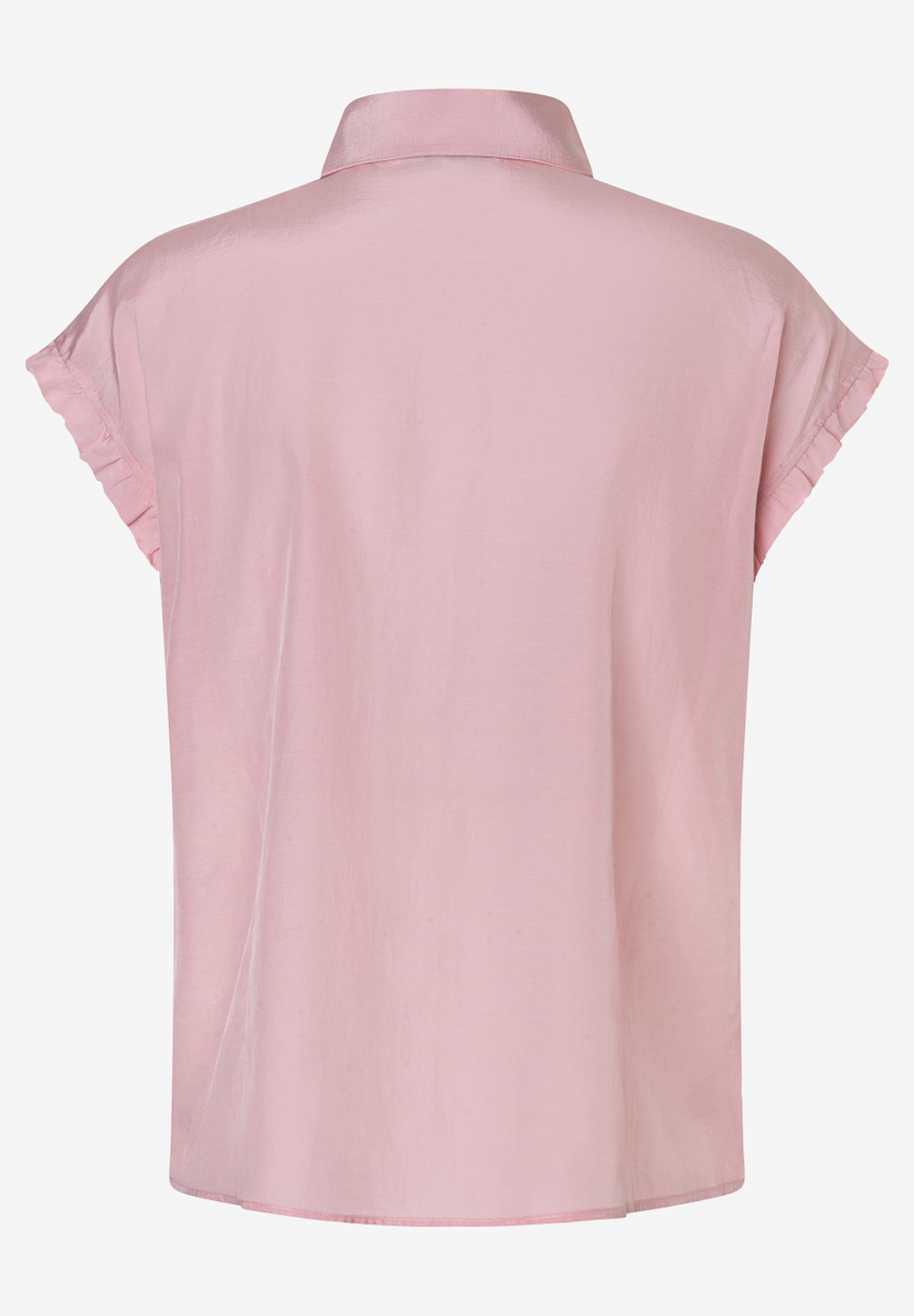 Die Rückseite einer rosafarbenen Bluse von MORE & MORE mit kurzen, leicht gerafften Ärmeln.