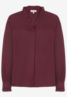 MORE & MORE Damen-Bluse in Dunkelrot mit Rüschenkragen und verdeckter Knopfleiste, Gr. 36