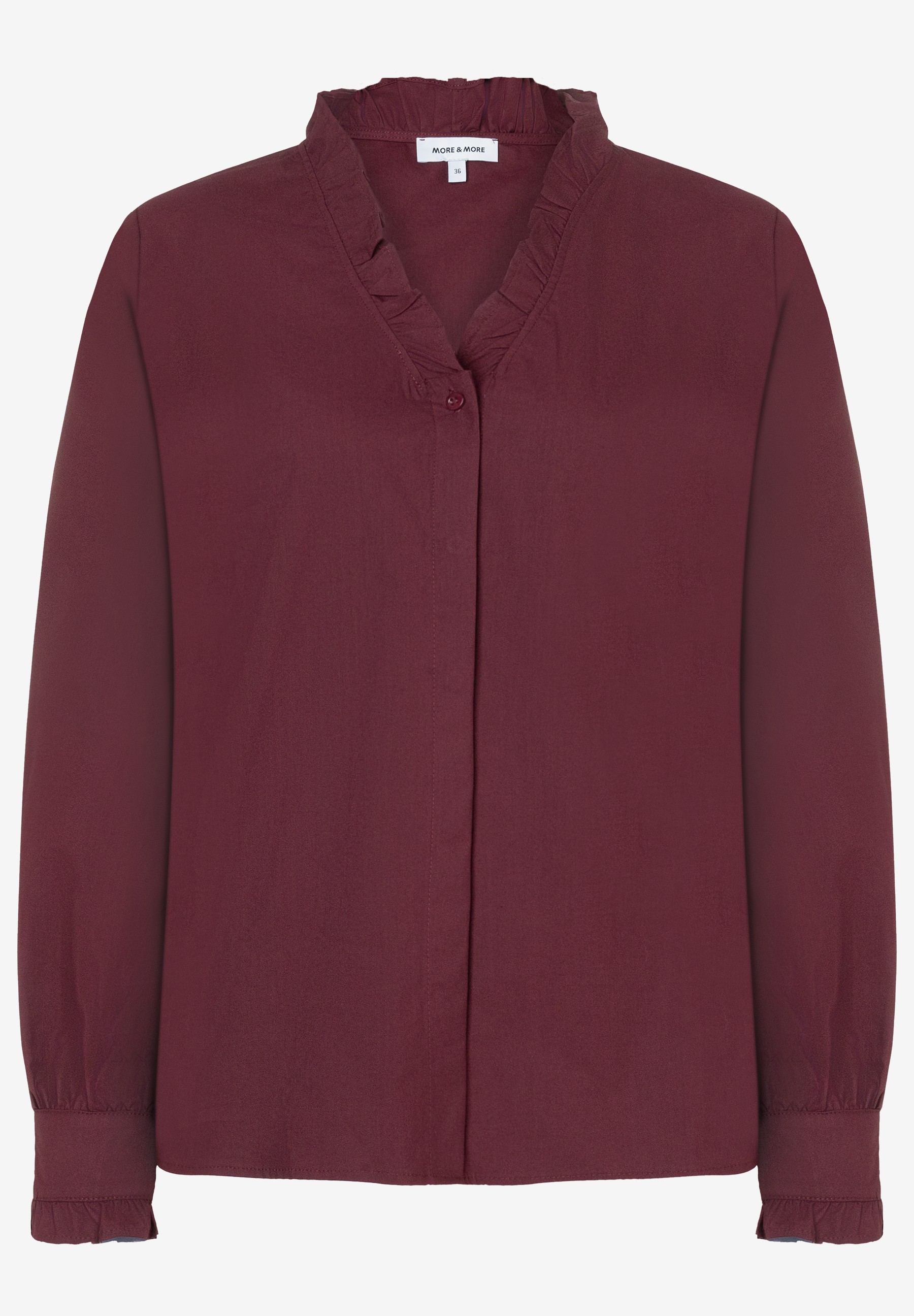 MORE & MORE Damen-Bluse in Dunkelrot mit Rüschenkragen und verdeckter Knopfleiste, Gr. 36 MORE & MORE Damen-Bluse in Dunkelrot mit Rüschenkragen und verdeckter Knopfleiste, Gr. 36