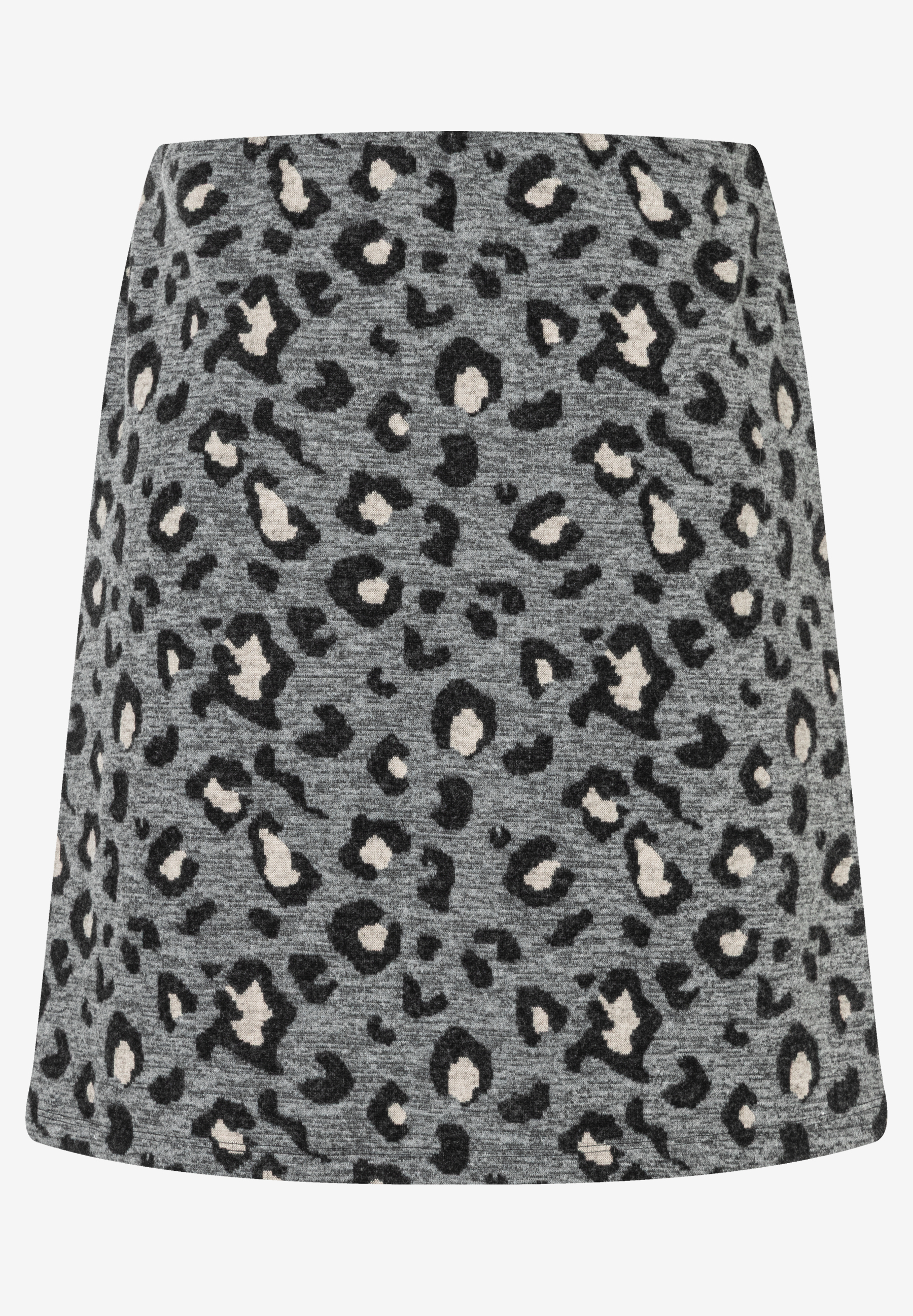 Ein grauer Rock von MORE & MORE mit schwarzem und beigem Leopardenmuster. Der Rock hat eine Jersey Jacquard Materialkonstruktion. Ein grauer Rock von MORE & MORE mit schwarzem und beigem Leopardenmuster. Der Rock hat eine Jersey Jacquard Materialkonstruktion.