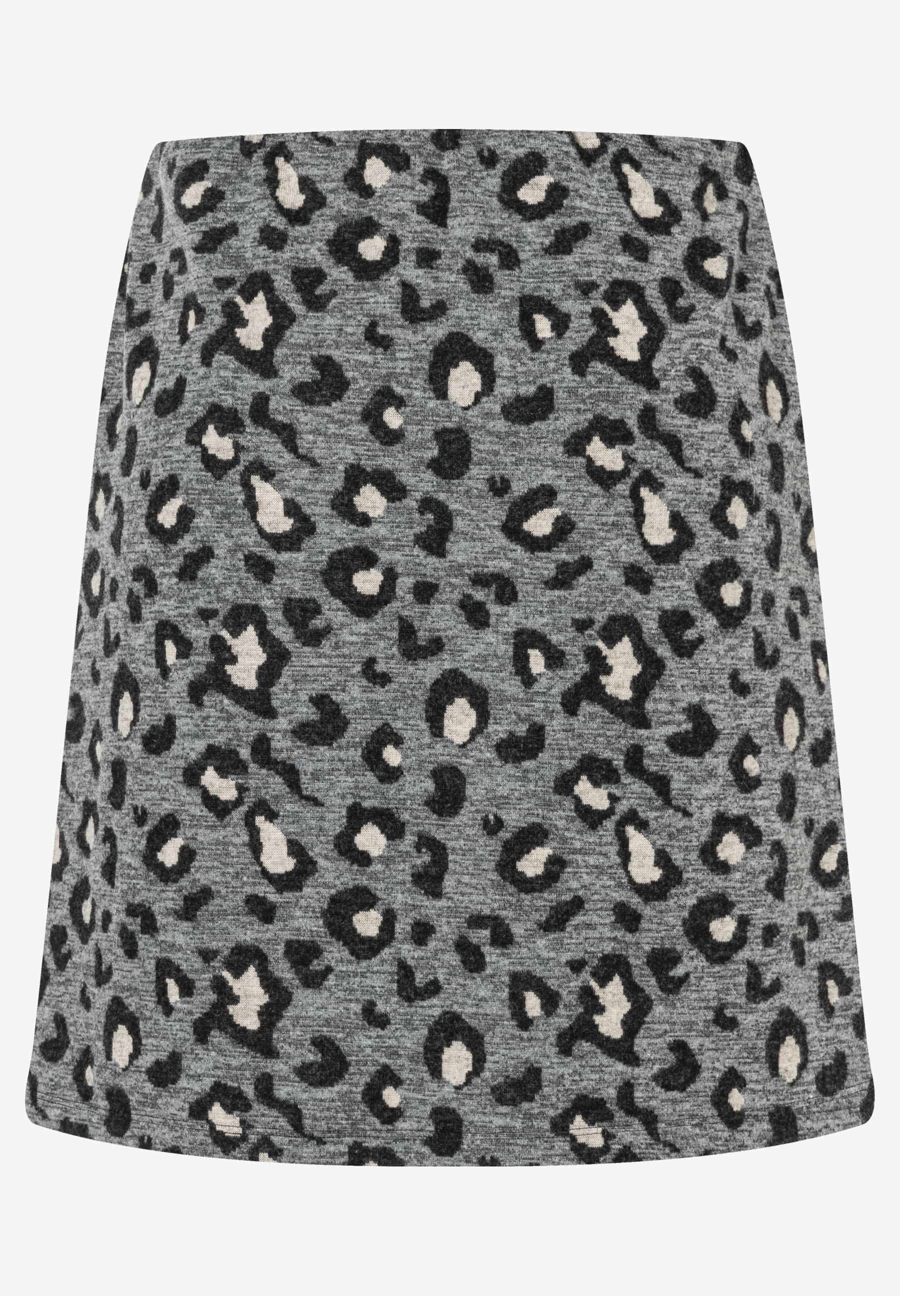 Ein grauer Rock von MORE & MORE mit schwarzem und beigem Leopardenmuster. Der Rock hat eine Jersey Jacquard Materialkonstruktion. Ein grauer Rock von MORE & MORE mit schwarzem und beigem Leopardenmuster. Der Rock hat eine Jersey Jacquard Materialkonstruktion.