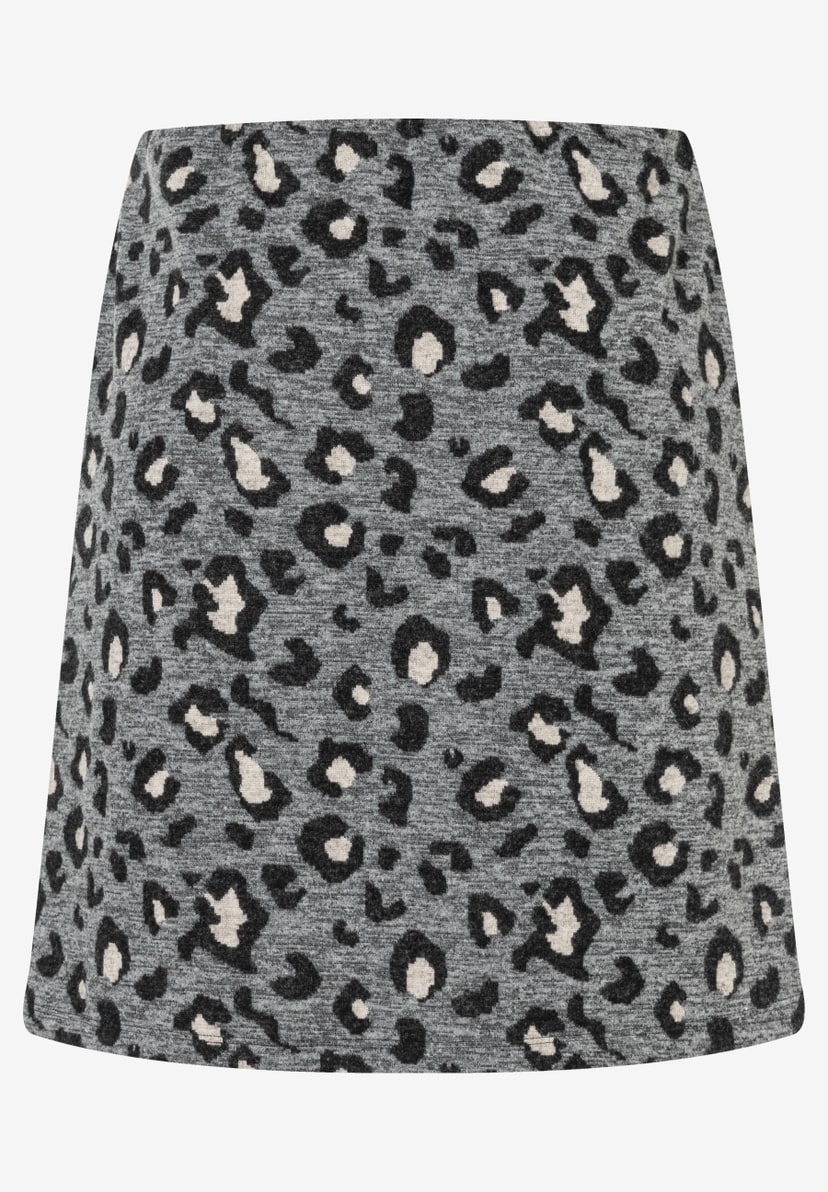 Ein grauer Rock von MORE & MORE mit schwarzem und beigem Leopardenmuster. Der Rock hat eine Jersey Jacquard Materialkonstruktion. Ein grauer Rock von MORE & MORE mit schwarzem und beigem Leopardenmuster. Der Rock hat eine Jersey Jacquard Materialkonstruktion.