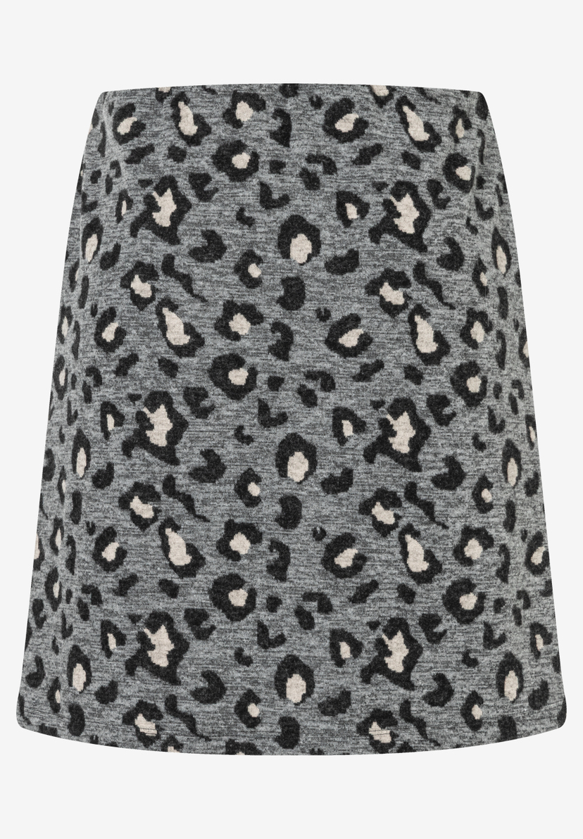 Ein grauer Rock von MORE & MORE mit schwarzem und beigem Leopardenmuster. Der Rock hat eine Jersey Jacquard Materialkonstruktion. Ein grauer Rock von MORE & MORE mit schwarzem und beigem Leopardenmuster. Der Rock hat eine Jersey Jacquard Materialkonstruktion.