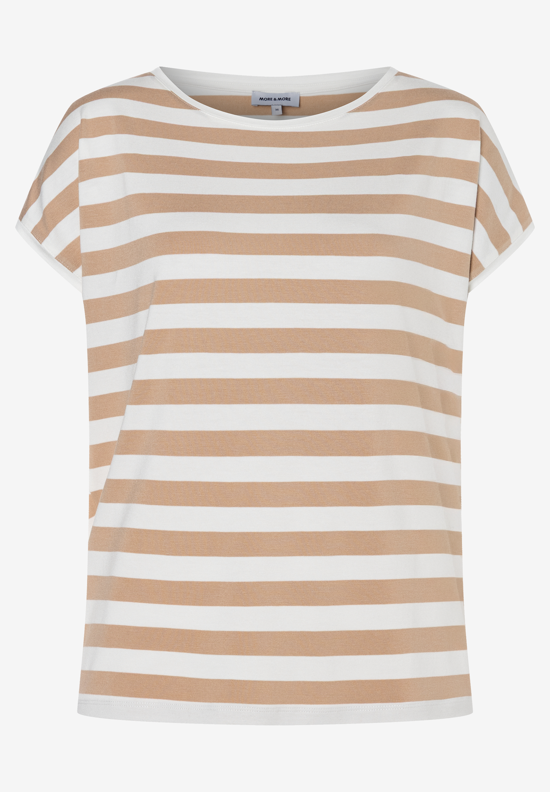 MORE & MORE Damen-Jersey-Shirt mit beige-weißen Querstreifen, Rundhalsausschnitt und kurzen Ärmeln für angenehmen Tragekomfort. MORE & MORE Damen-Jersey-Shirt mit beige-weißen Querstreifen, Rundhalsausschnitt und kurzen Ärmeln für angenehmen Tragekomfort.