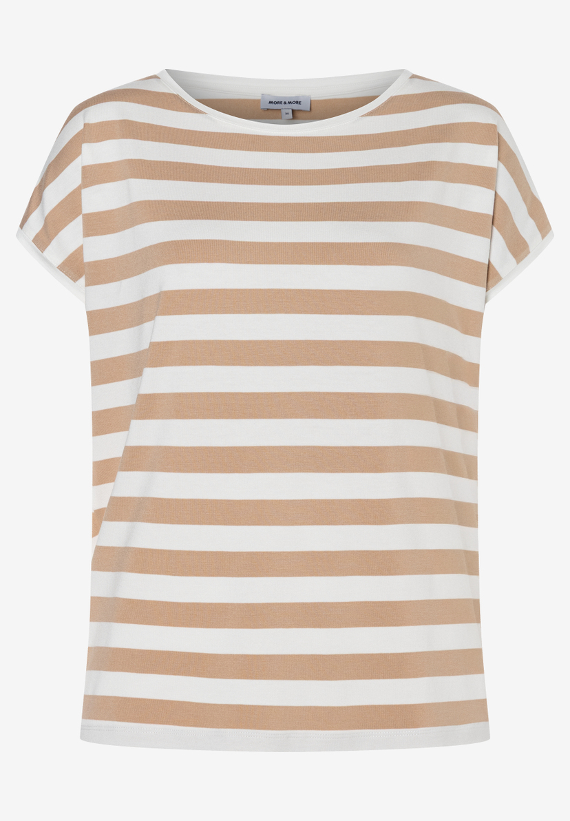 MORE & MORE Damen-Jersey-Shirt mit beige-weißen Querstreifen, Rundhalsausschnitt und kurzen Ärmeln für angenehmen Tragekomfort. MORE & MORE Damen-Jersey-Shirt mit beige-weißen Querstreifen, Rundhalsausschnitt und kurzen Ärmeln für angenehmen Tragekomfort.