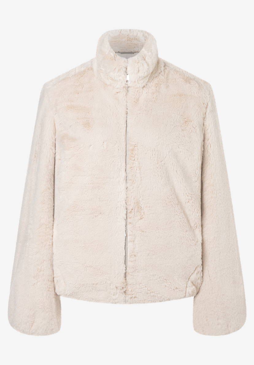 MORE & MORE Damen-Jacke aus cremefarbenem Kunstfell mit hochgeschlossenem Kragen und Reißverschluss. MORE & MORE Damen-Jacke aus cremefarbenem Kunstfell mit hochgeschlossenem Kragen und Reißverschluss.