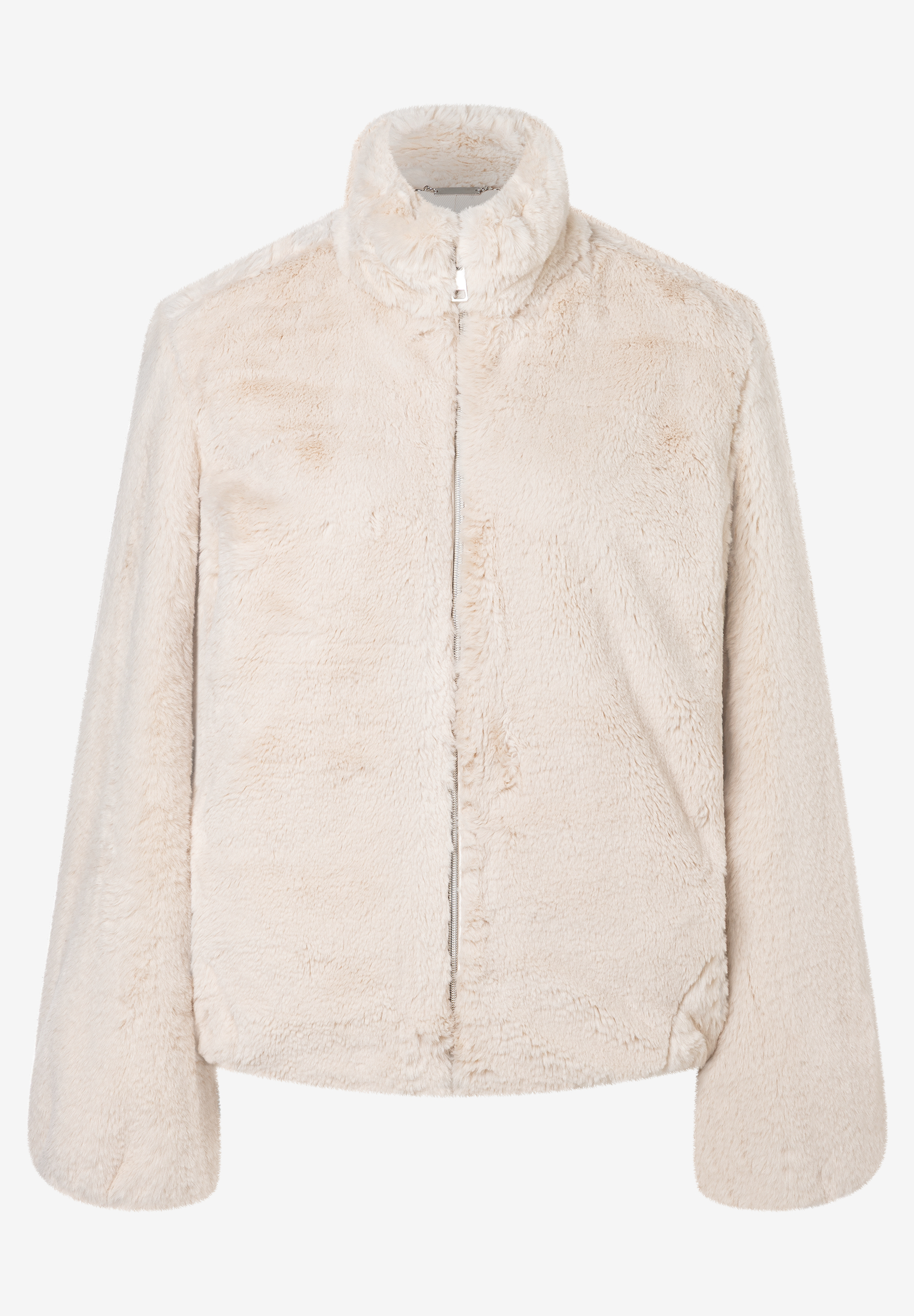 MORE & MORE Damen-Jacke aus cremefarbenem Kunstfell mit hochgeschlossenem Kragen und Reißverschluss. MORE & MORE Damen-Jacke aus cremefarbenem Kunstfell mit hochgeschlossenem Kragen und Reißverschluss.