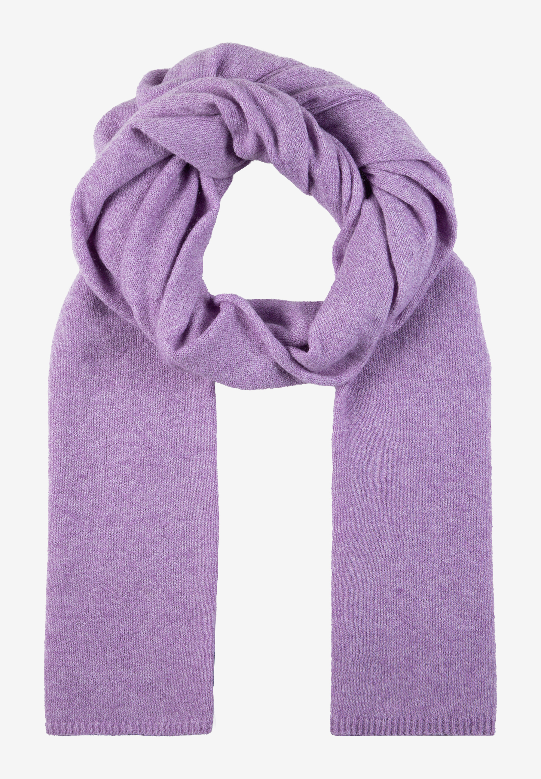 MORE & MORE Accessoire: Heller, violetter Strickschal, locker um den Hals geschlungen, auf weißem Hintergrund.