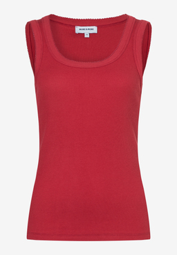 MORE & MORE geripptes, ärmelloses rotes Oberteil mit Rundhalsausschnitt für Frauen.