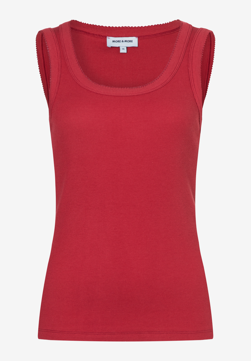 MORE & MORE geripptes, ärmelloses rotes Oberteil mit Rundhalsausschnitt für Frauen. MORE & MORE geripptes, ärmelloses rotes Oberteil mit Rundhalsausschnitt für Frauen.