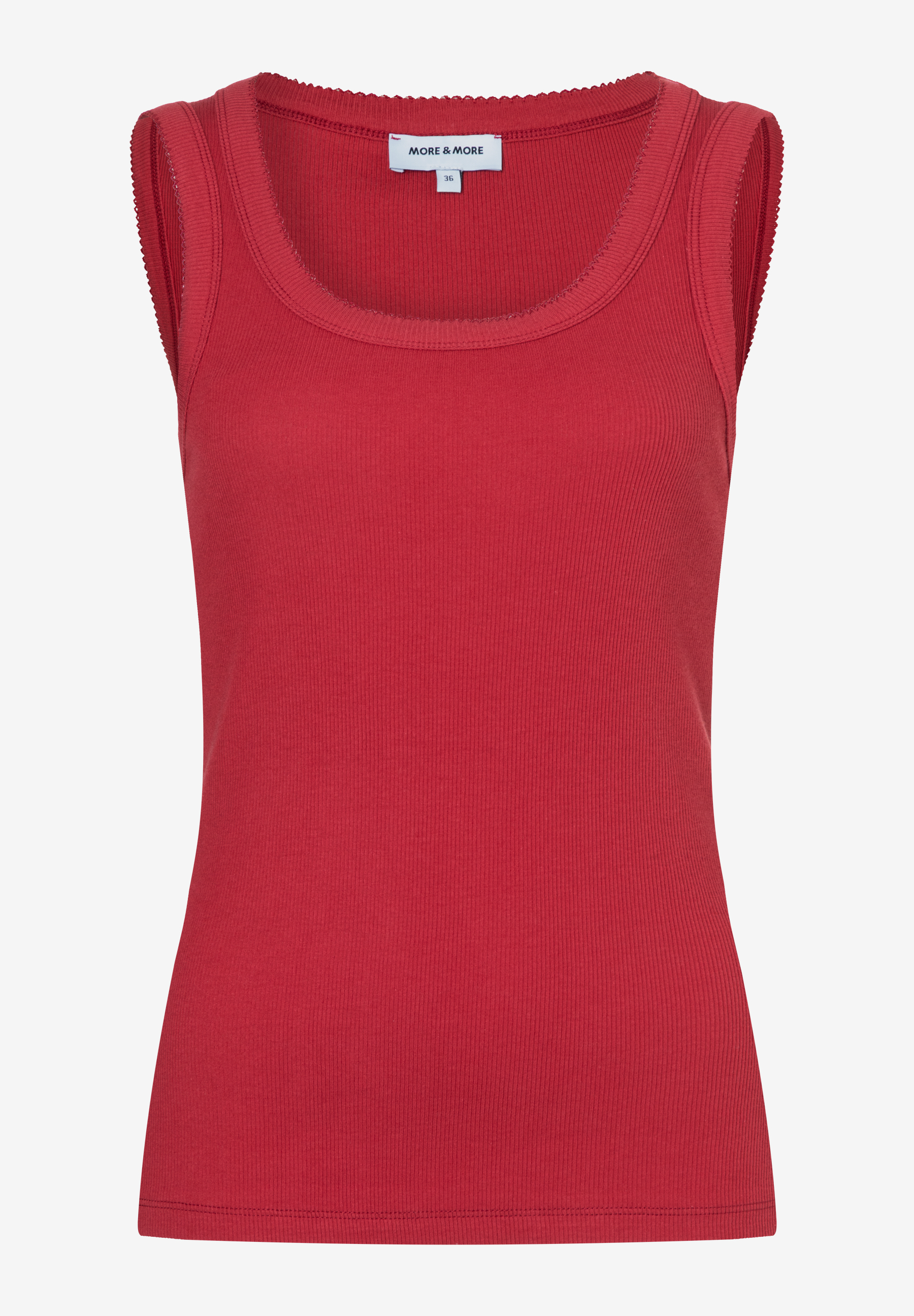 MORE & MORE geripptes, ärmelloses rotes Oberteil mit Rundhalsausschnitt für Frauen. MORE & MORE geripptes, ärmelloses rotes Oberteil mit Rundhalsausschnitt für Frauen.