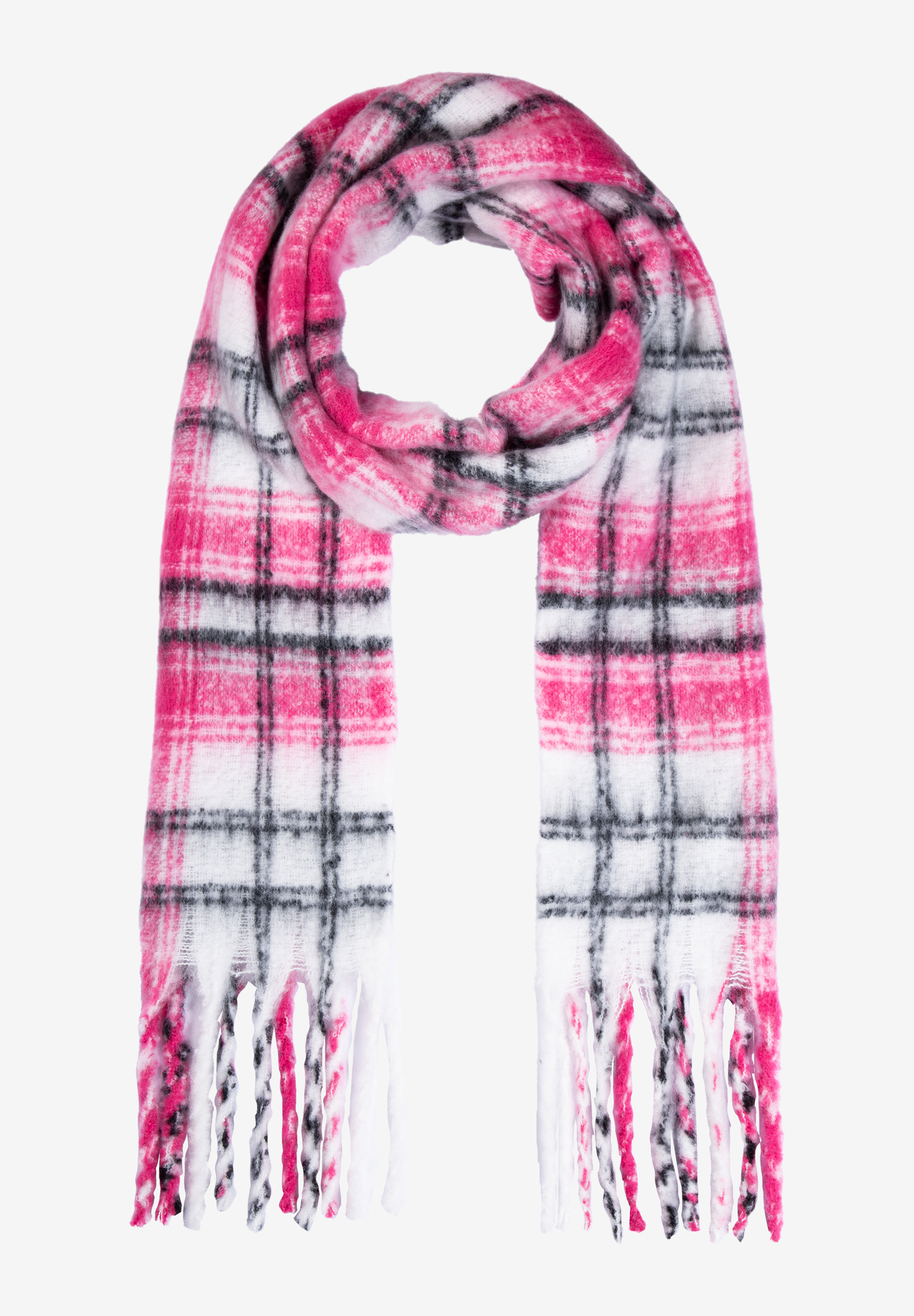 Ein Accessoire: Karierter MORE & MORE Schal in Pink, Weiß und Schwarz mit Fransen. Ein Accessoire: Karierter MORE & MORE Schal in Pink, Weiß und Schwarz mit Fransen.