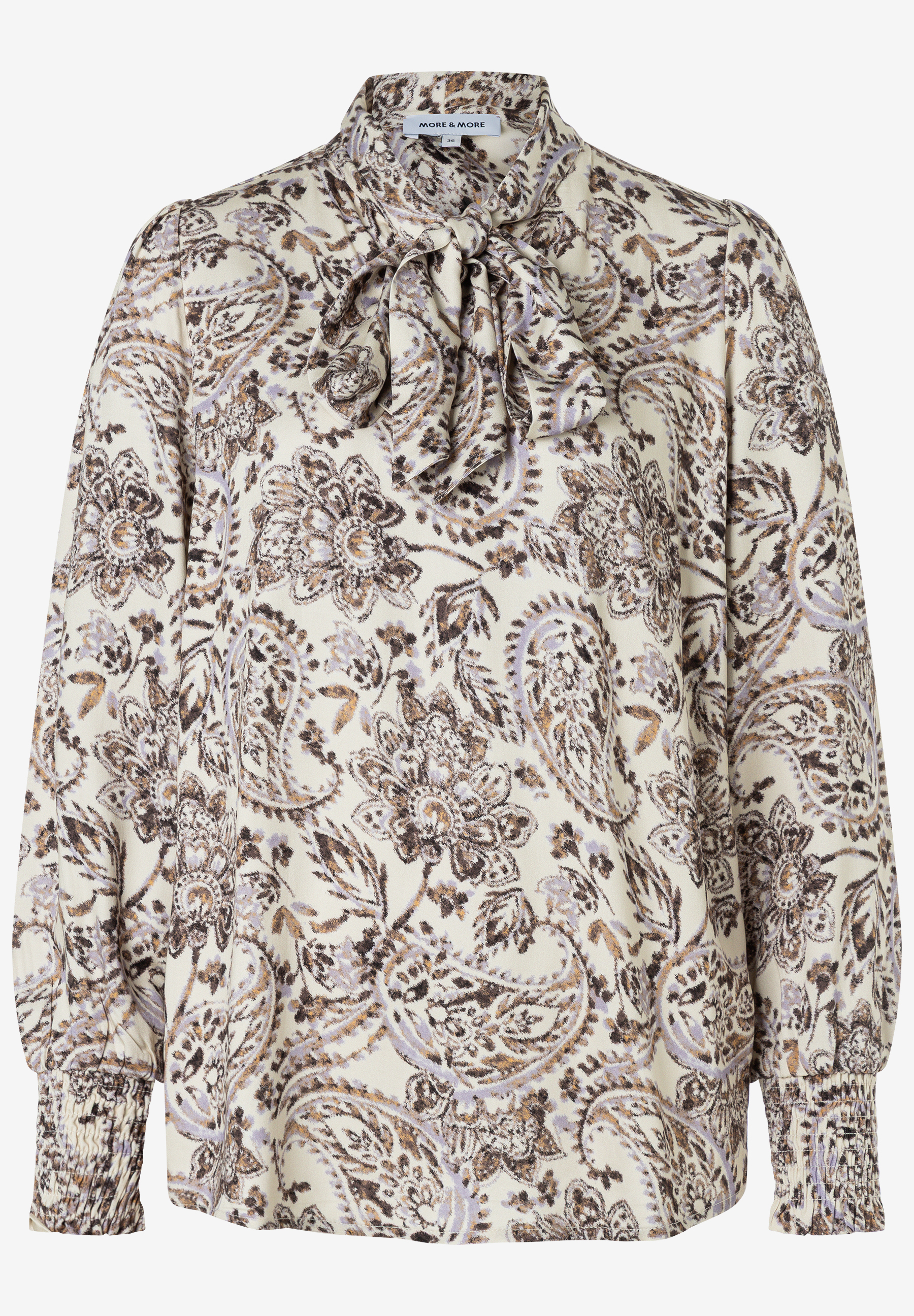 MORE & MORE Bluse in Off-White mit durchgehendem Paisleymuster in Lila und Braun, Schleife am Hals und gerafften Ärmelbündchen.