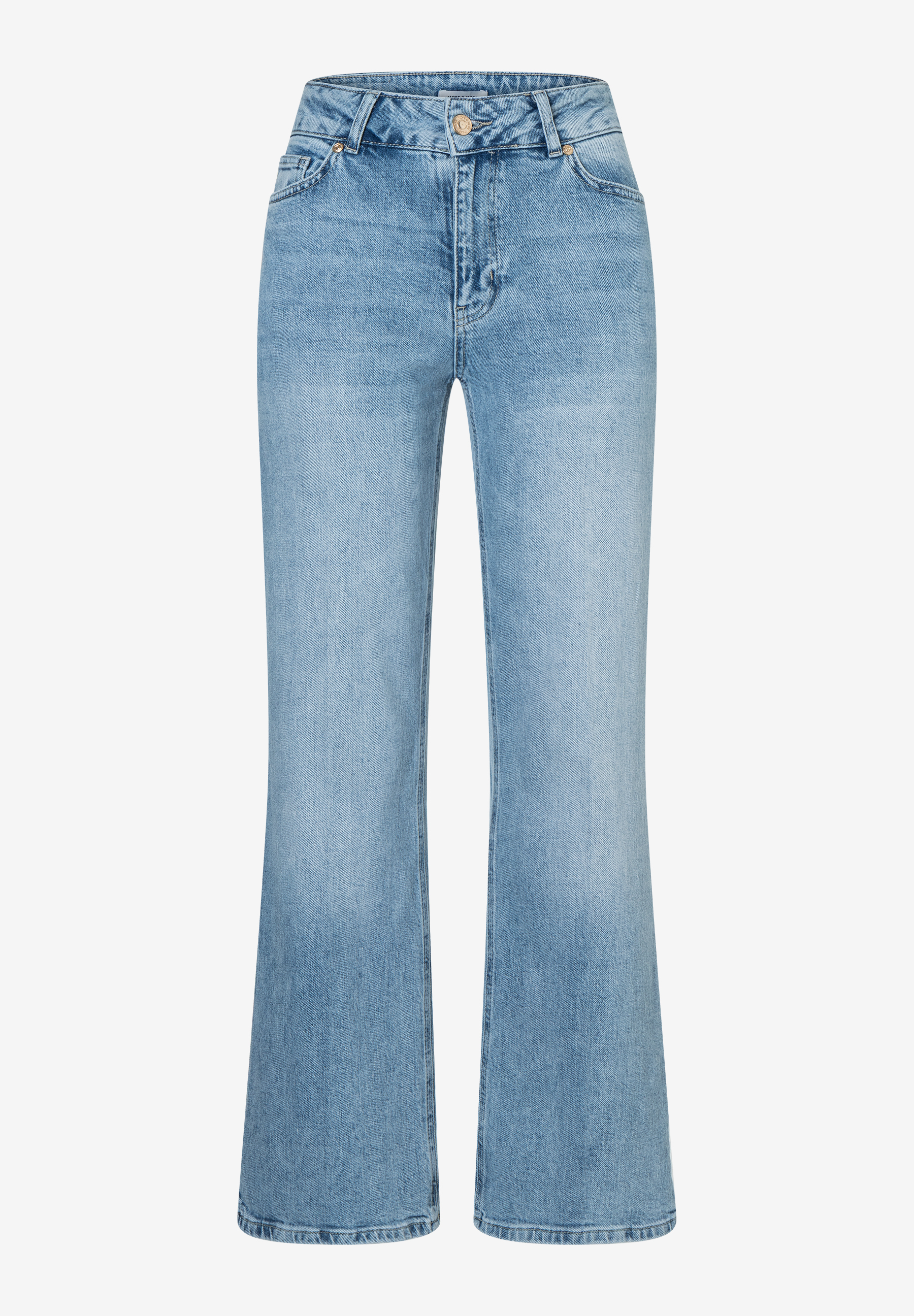 Eine hellblaue MORE & MORE Jeans im Bootcut-Stil, frontal auf einem weißen Hintergrund liegend. Eine hellblaue MORE & MORE Jeans im Bootcut-Stil, frontal auf einem weißen Hintergrund liegend.