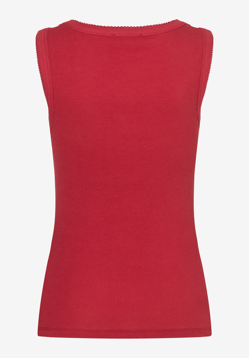 MORE & MORE geripptes, ärmelloses rotes Oberteil mit Rundhalsausschnitt, elastischem und hautfreundlichem Material. MORE & MORE geripptes, ärmelloses rotes Oberteil mit Rundhalsausschnitt, elastischem und hautfreundlichem Material.