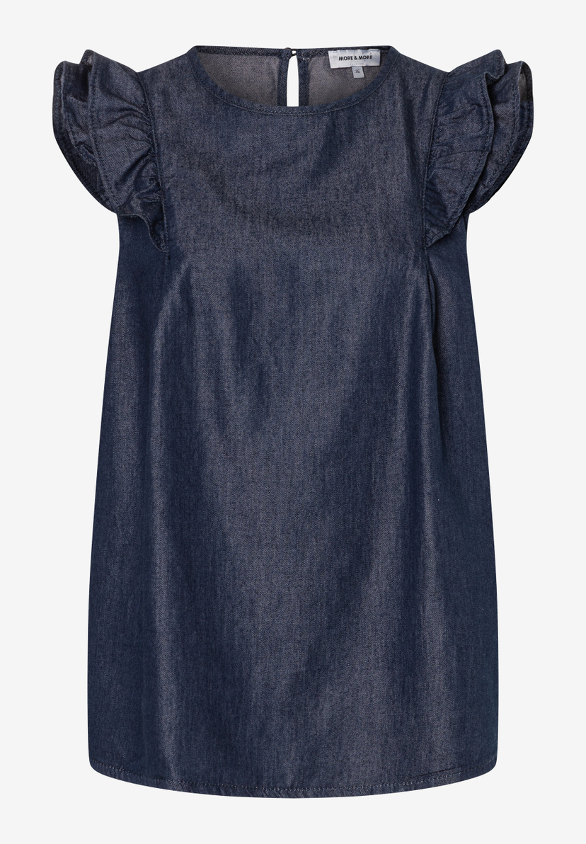 MORE & MORE Damen-Denim-Bluse in Marineblau mit Rüschen an den Ärmeln, hautfreundlich und angenehm zu tragen. MORE & MORE Damen-Denim-Bluse in Marineblau mit Rüschen an den Ärmeln, hautfreundlich und angenehm zu tragen.