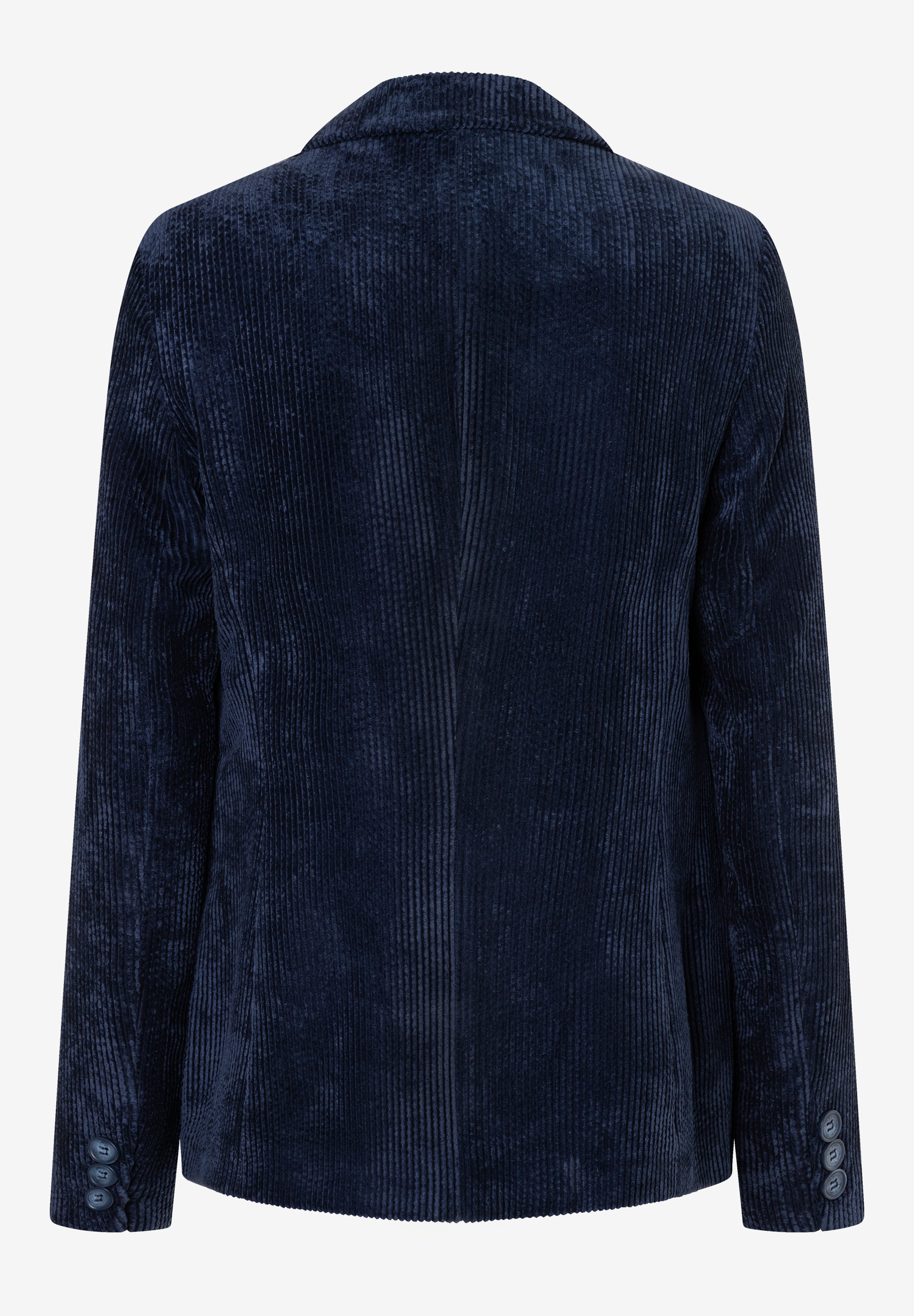 MORE & MORE Blazer aus navyblauem Cord. Rückansicht mit Rückennaht und Knopfleiste am Ärmel. MORE & MORE Blazer aus navyblauem Cord. Rückansicht mit Rückennaht und Knopfleiste am Ärmel.