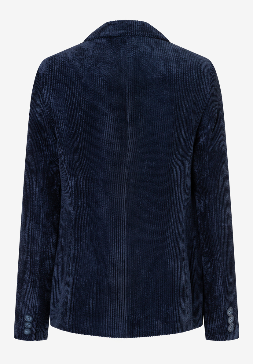 MORE & MORE Blazer aus navyblauem Cord. Rückansicht mit Rückennaht und Knopfleiste am Ärmel. MORE & MORE Blazer aus navyblauem Cord. Rückansicht mit Rückennaht und Knopfleiste am Ärmel.