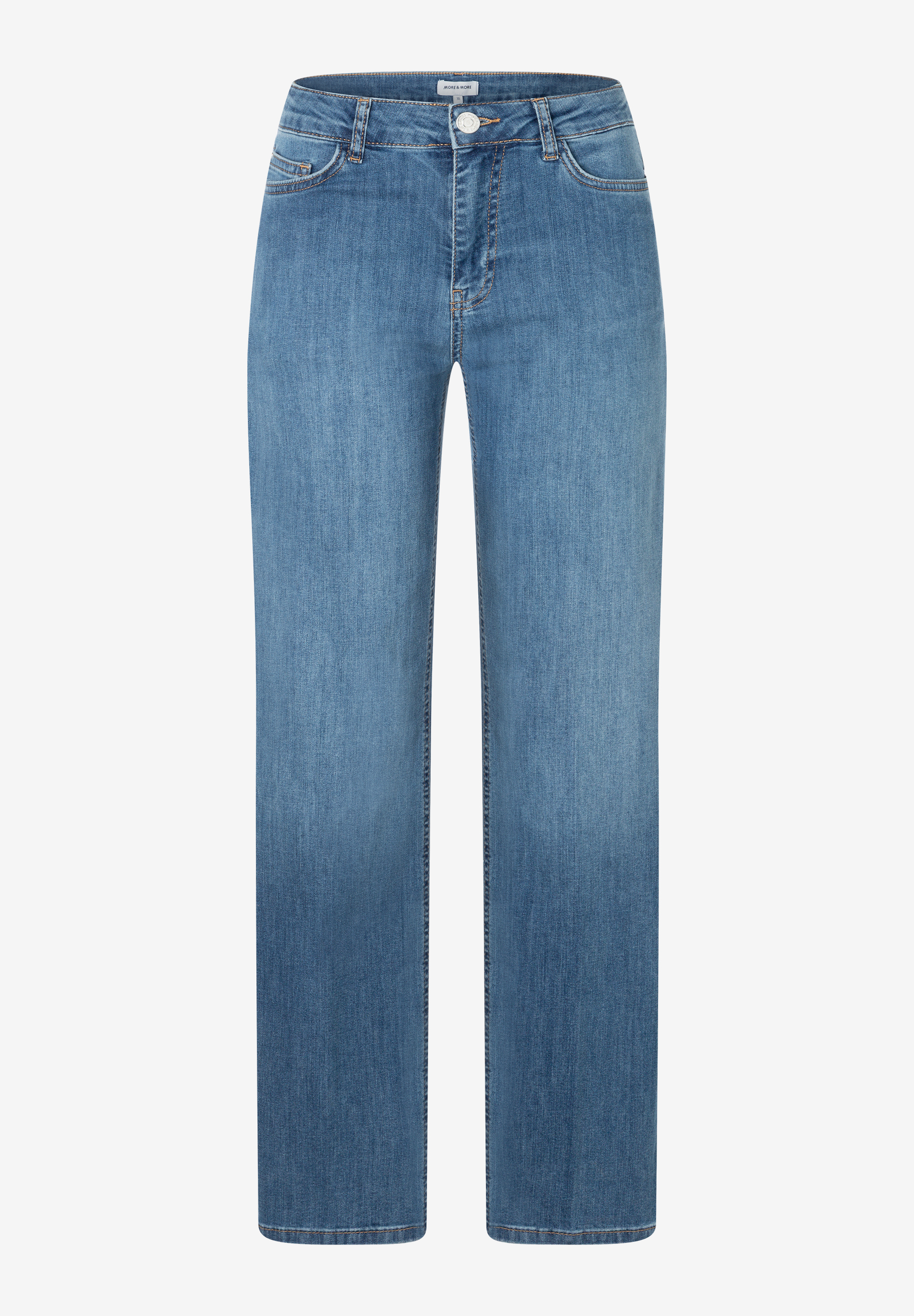 MORE & MORE Damen Jeans im hellblauen Stonewash-Look. Schmale Silhouette und 5-Pocket-Stil mit Knopf- und Reißverschluss.