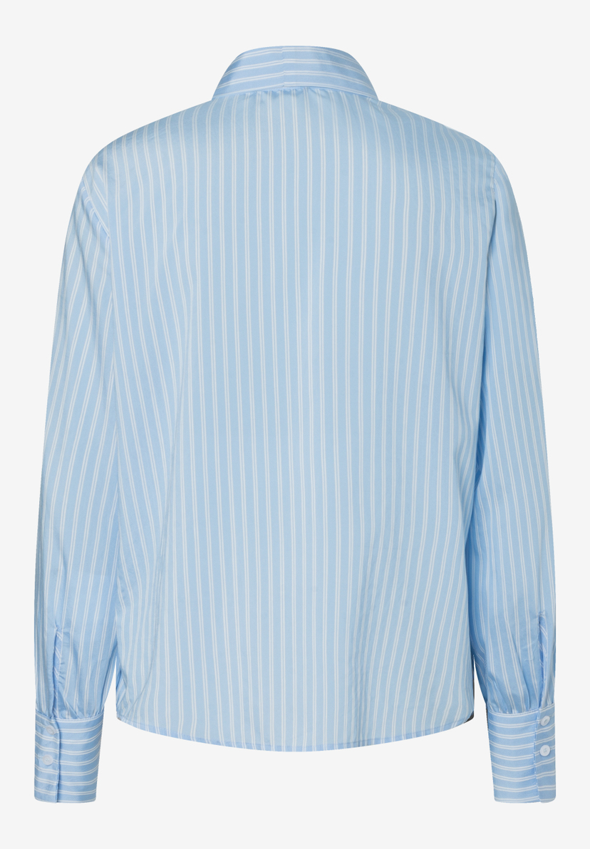 MORE & MORE Bluse: Hellblau gestreifte Langarmbluse mit schmalen, vertikalen weißen Streifen, Rückseite sichtbar. MORE & MORE Bluse: Hellblau gestreifte Langarmbluse mit schmalen, vertikalen weißen Streifen, Rückseite sichtbar.