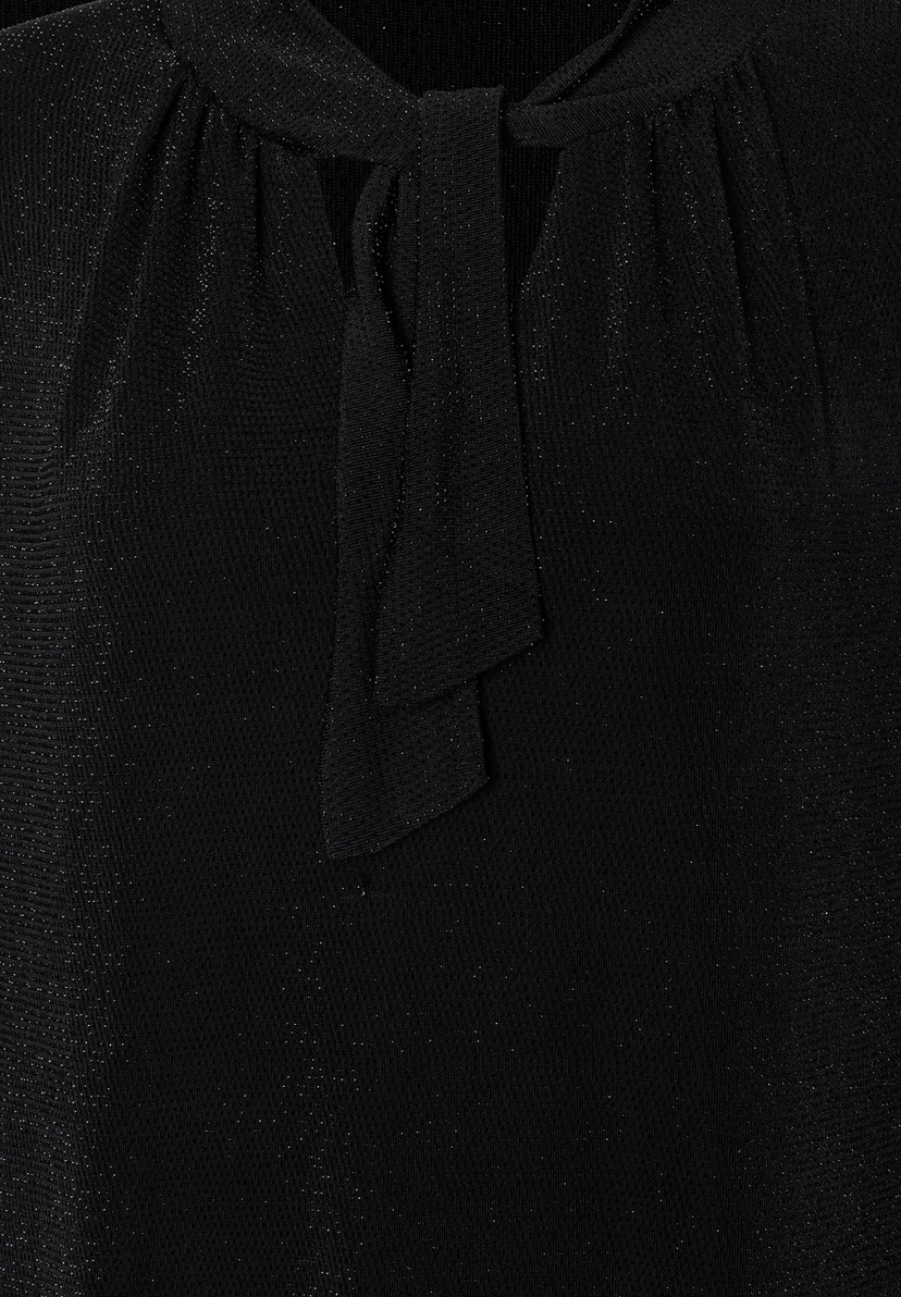 MORE & MORE schwarzes Glitzer-Kleid mit Bindedetail am Halsausschnitt, geraffte Schultern, eleganter Stil.