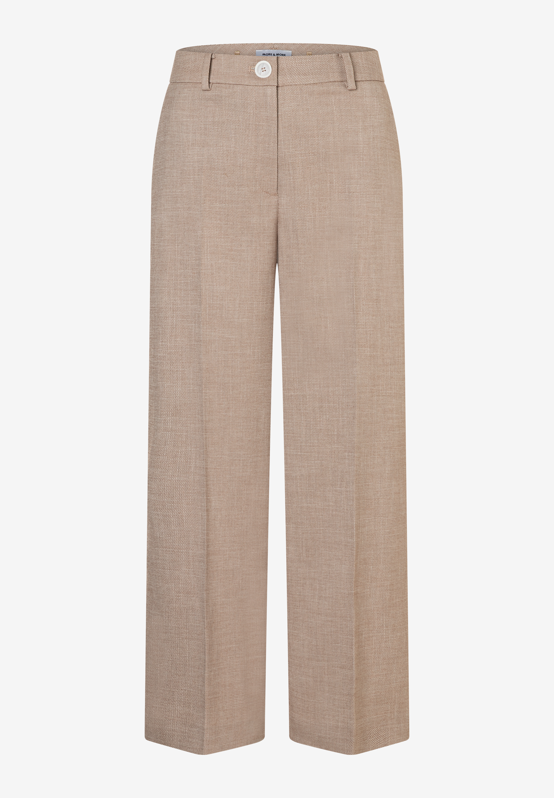 Eine beigefarbene Webware-Hose von MORE & MORE mit weitem Bein und einem Knopfverschluss. Eine beigefarbene Webware-Hose von MORE & MORE mit weitem Bein und einem Knopfverschluss.