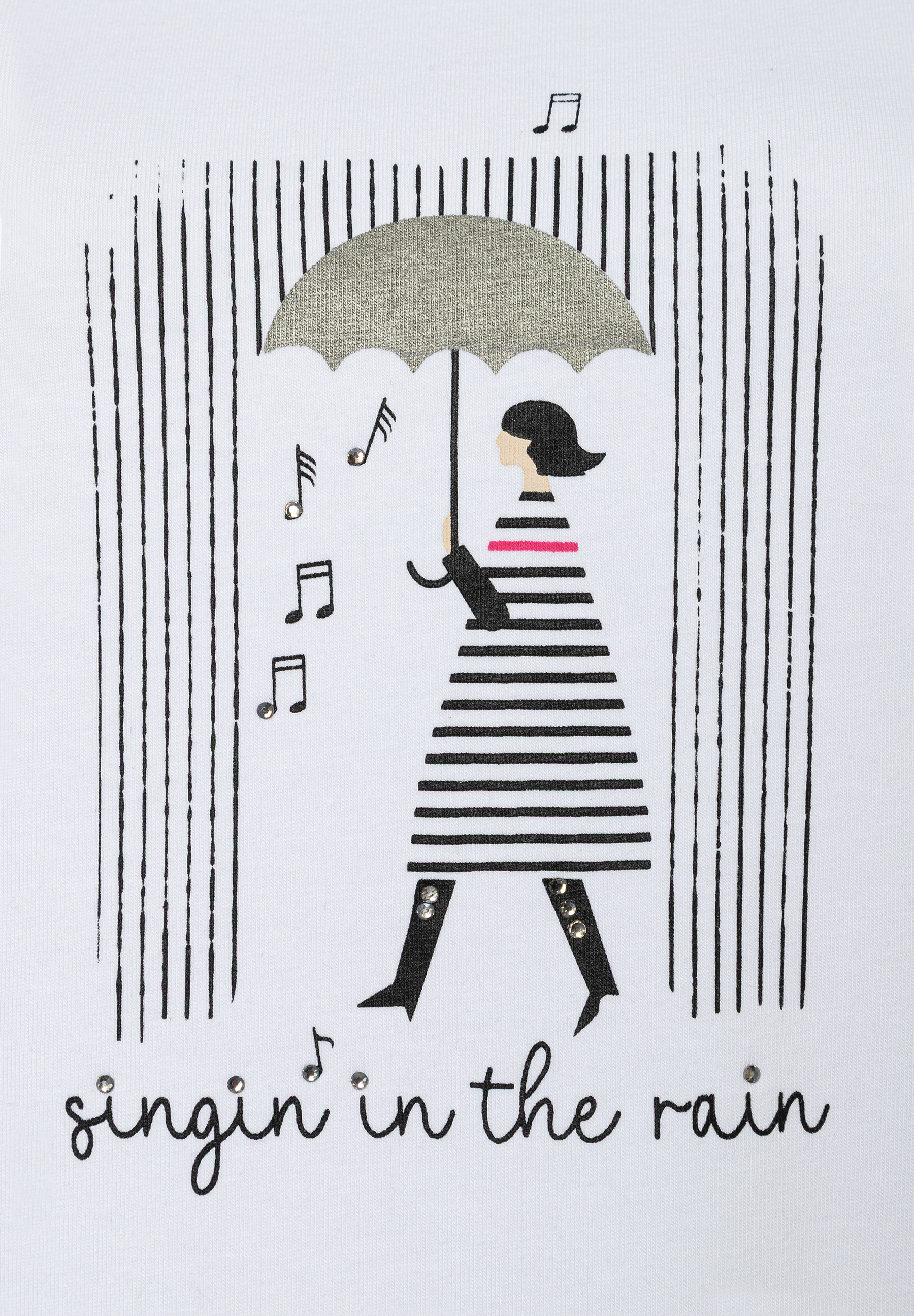 Ein MORE & MORE T-Shirt mit 'Singin' in the Rain'-Motiv: Frau mit Schirm, Noten, Regen und Schriftzug. Ein MORE & MORE T-Shirt mit 'Singin' in the Rain'-Motiv: Frau mit Schirm, Noten, Regen und Schriftzug.