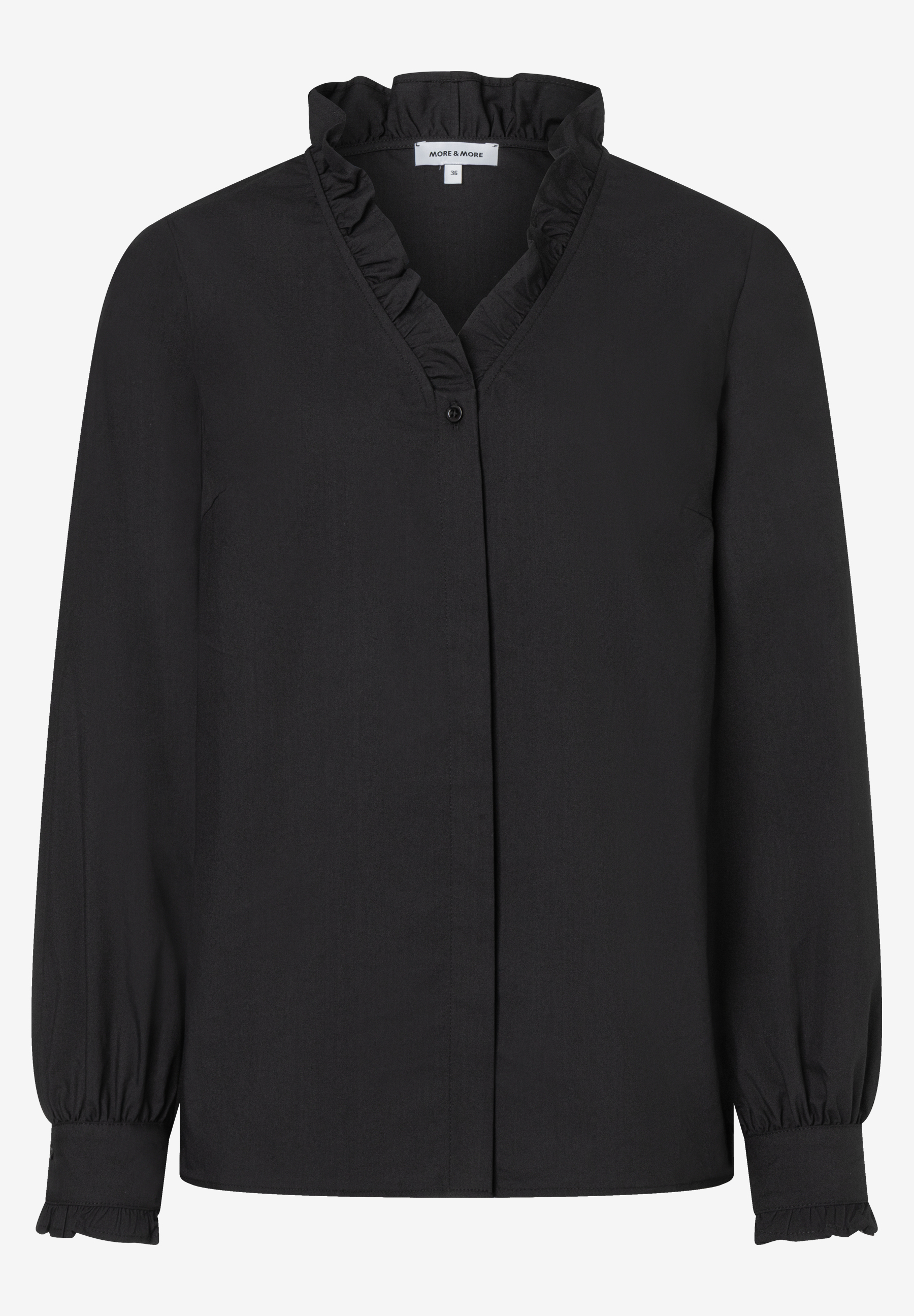 MORE & MORE schwarze Bluse mit Rüschen am Kragen und Manschetten, locker sitzend, im Studio aufgenommen. MORE & MORE schwarze Bluse mit Rüschen am Kragen und Manschetten, locker sitzend, im Studio aufgenommen.