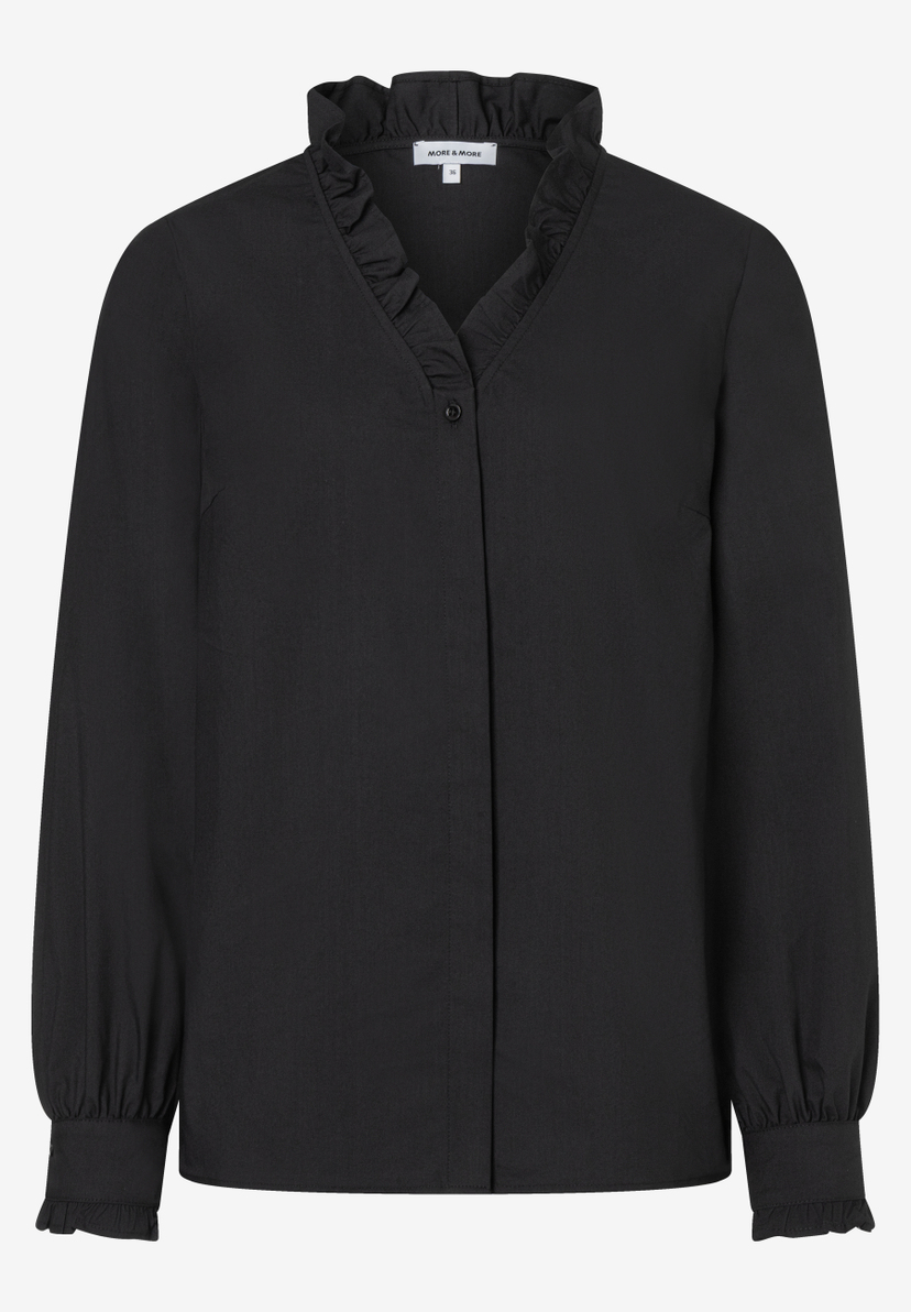 MORE & MORE schwarze Bluse mit Rüschen am Kragen und Manschetten, locker sitzend, im Studio aufgenommen. MORE & MORE schwarze Bluse mit Rüschen am Kragen und Manschetten, locker sitzend, im Studio aufgenommen.