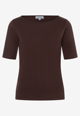 MORE & MORE Damen T-Shirt in Dunkelbraun, enganliegend, mit kurzen Ärmeln und Rundhalsausschnitt aus elastischem Jersey.