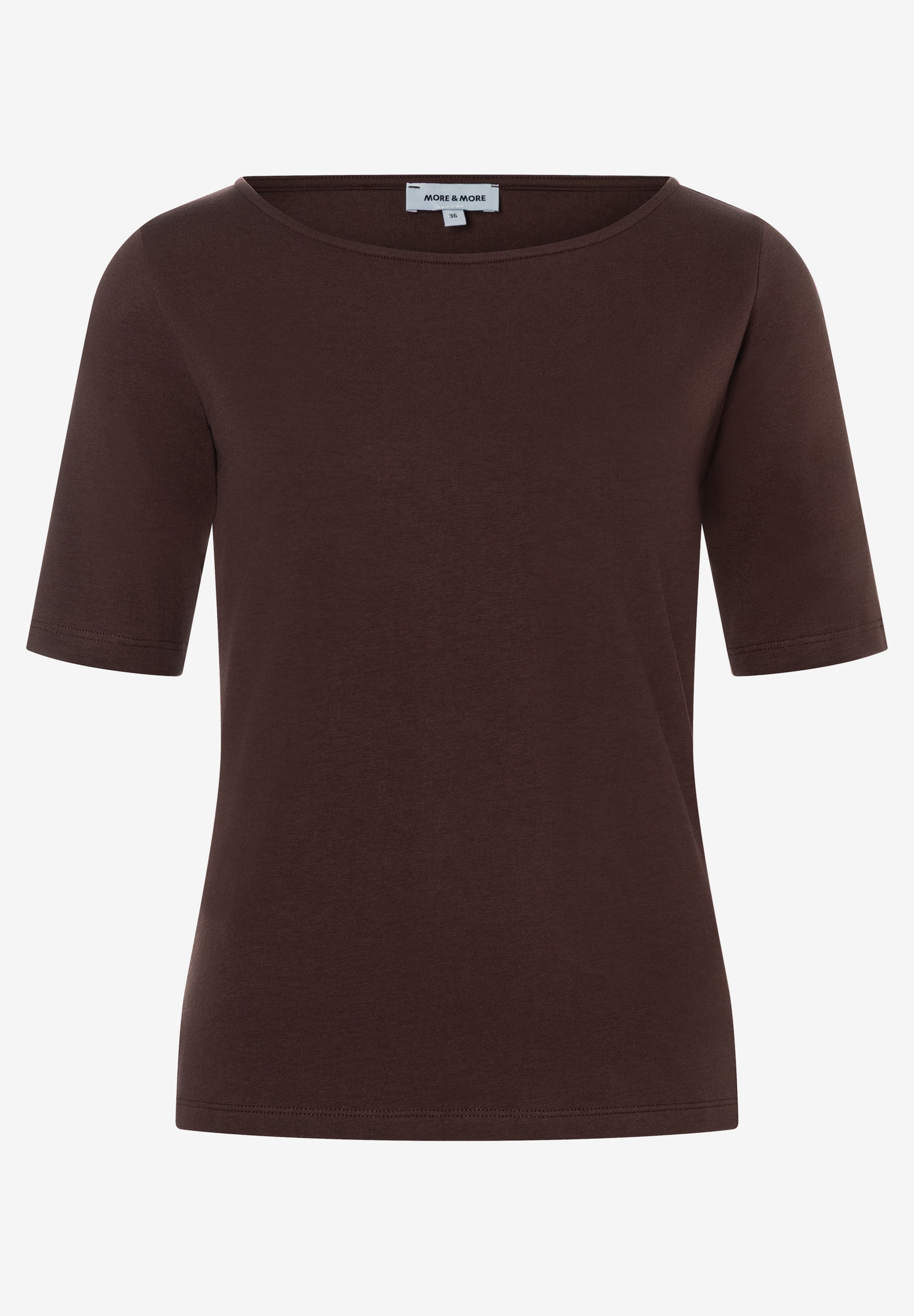 MORE & MORE Damen T-Shirt in Dunkelbraun, enganliegend, mit kurzen Ärmeln und Rundhalsausschnitt aus elastischem Jersey. MORE & MORE Damen T-Shirt in Dunkelbraun, enganliegend, mit kurzen Ärmeln und Rundhalsausschnitt aus elastischem Jersey.