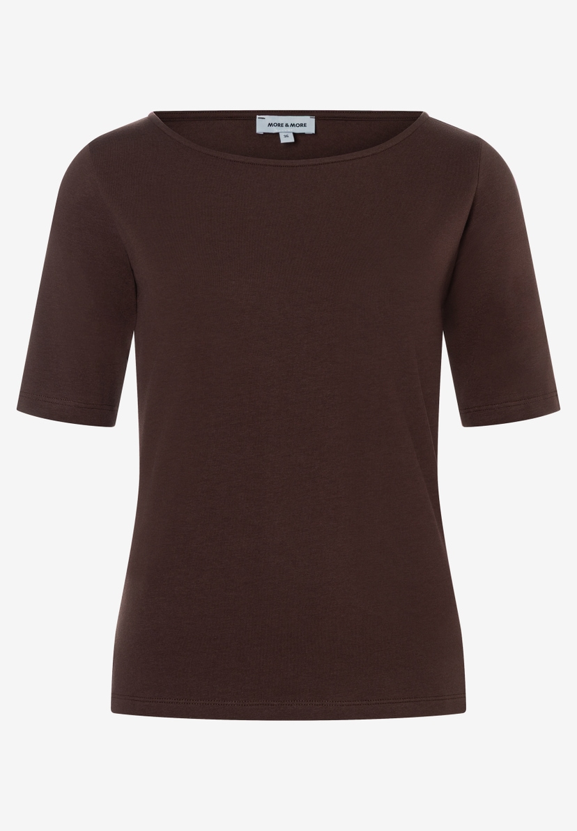 MORE & MORE Damen T-Shirt in Dunkelbraun, enganliegend, mit kurzen Ärmeln und Rundhalsausschnitt aus elastischem Jersey. MORE & MORE Damen T-Shirt in Dunkelbraun, enganliegend, mit kurzen Ärmeln und Rundhalsausschnitt aus elastischem Jersey.