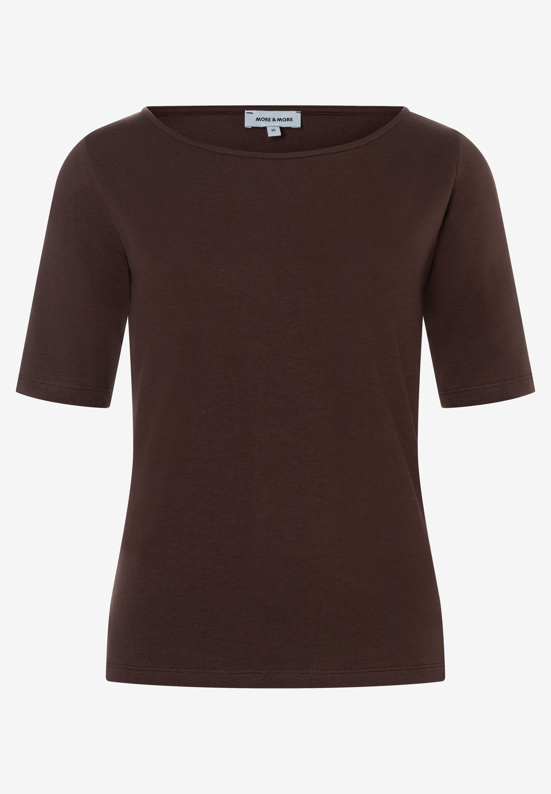 MORE & MORE Damen T-Shirt in Dunkelbraun, enganliegend, mit kurzen Ärmeln und Rundhalsausschnitt aus elastischem Jersey. MORE & MORE Damen T-Shirt in Dunkelbraun, enganliegend, mit kurzen Ärmeln und Rundhalsausschnitt aus elastischem Jersey.