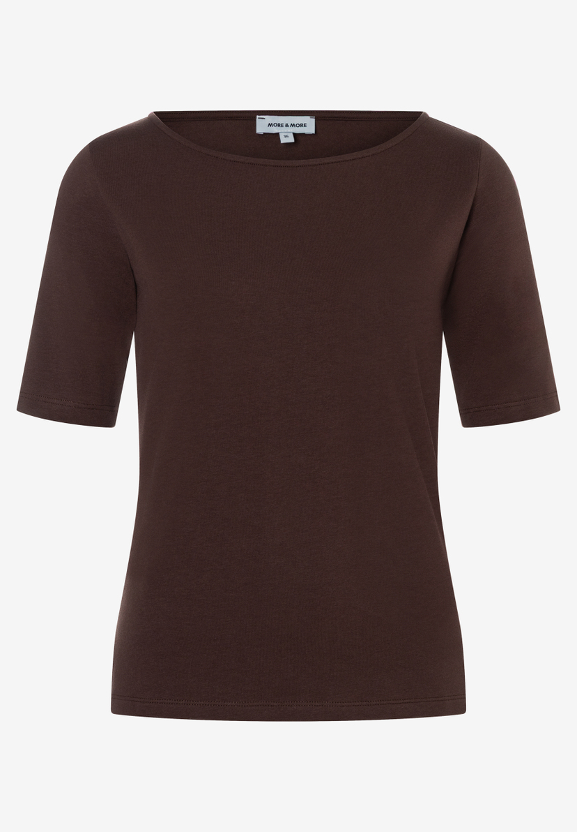 MORE & MORE Damen T-Shirt in Dunkelbraun, enganliegend, mit kurzen Ärmeln und Rundhalsausschnitt aus elastischem Jersey. MORE & MORE Damen T-Shirt in Dunkelbraun, enganliegend, mit kurzen Ärmeln und Rundhalsausschnitt aus elastischem Jersey.