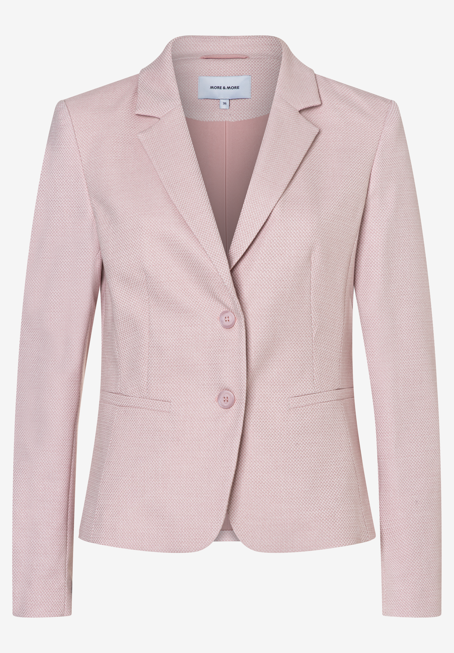 Ein MORE & MORE Blazer in zartem Rosa mit Piqué- und Stretch-Materialkonstruktion. Ein MORE & MORE Blazer in zartem Rosa mit Piqué- und Stretch-Materialkonstruktion.